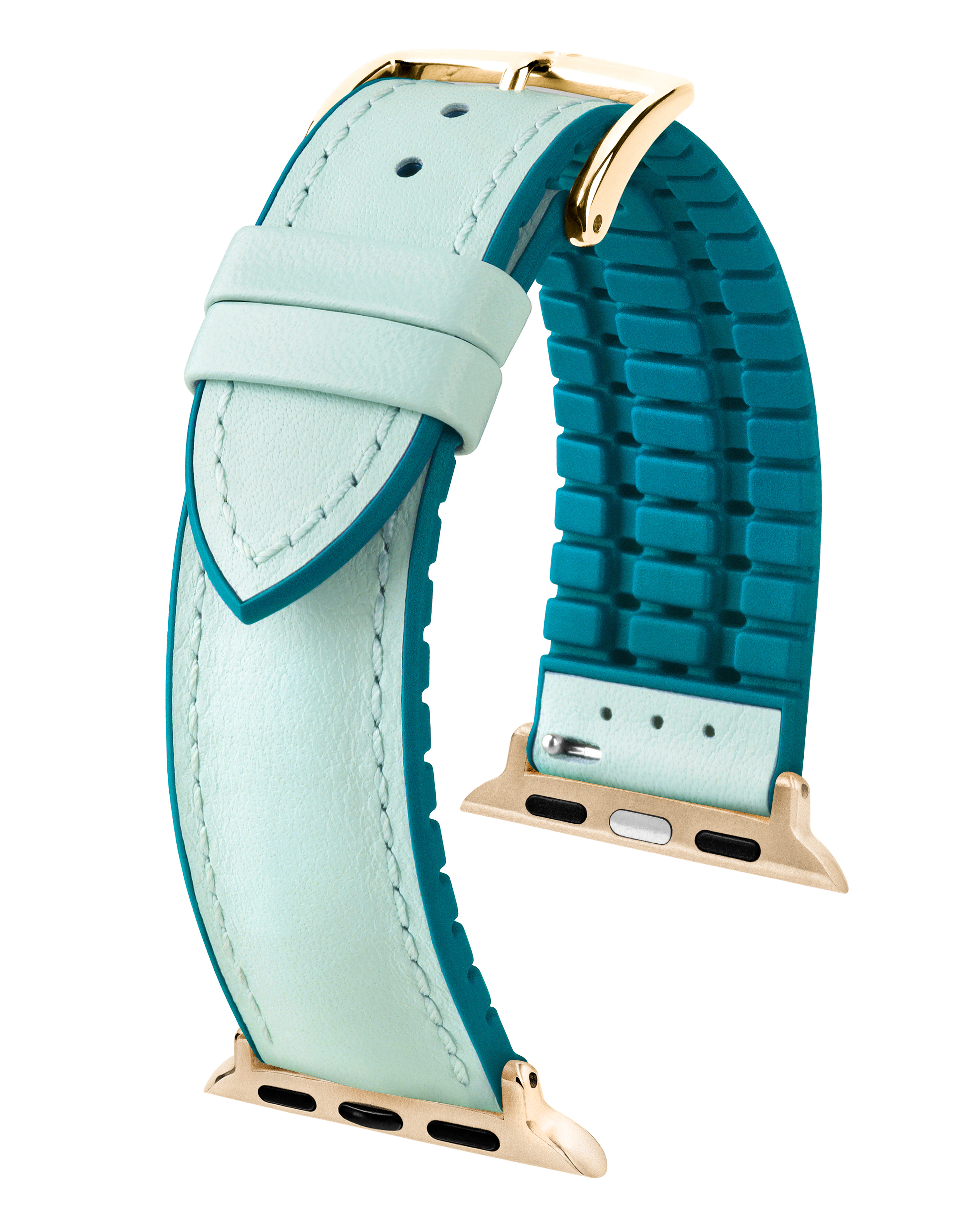Uhrband: hellgrünes Leder mit türkisfarbenem Kautschukband und goldener Hardware.