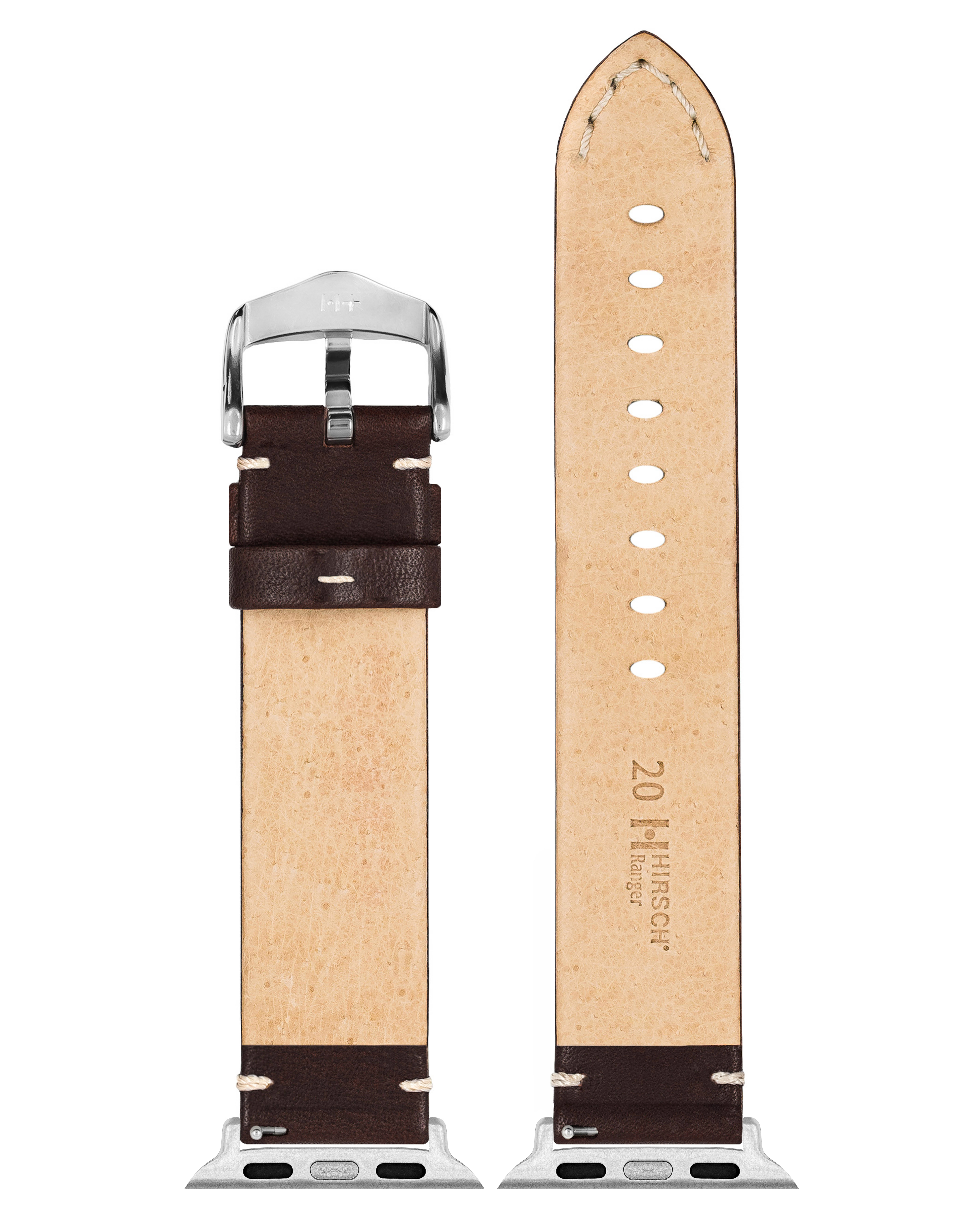 Braunes Leder-Armband. Natürliches Lederinnenfutter mit weißen Nähten.