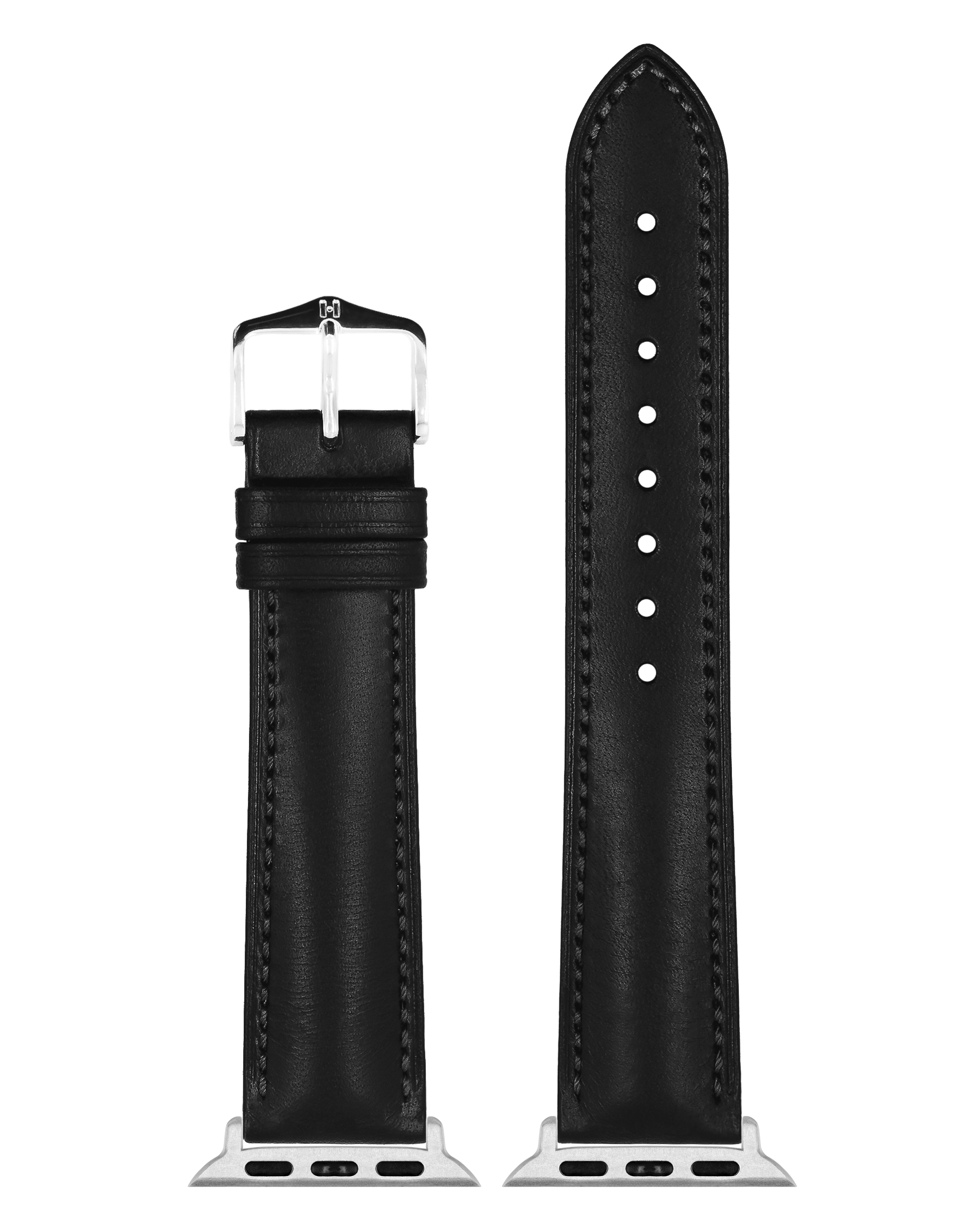 Schwarzes Leder-Armband mit silberner Schnalle. Glattes Leder mit weißen Nähten.