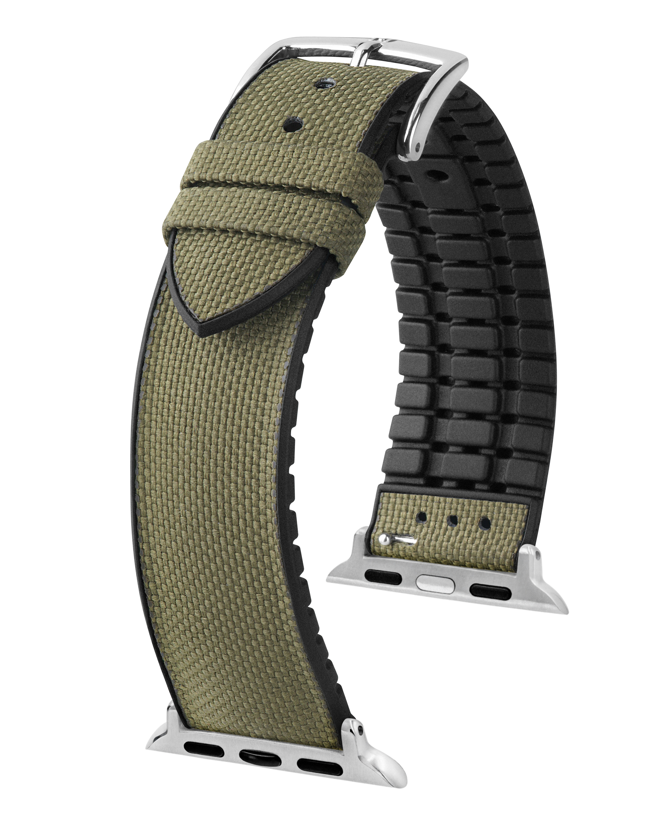 Olivgrünes Canvas- und schwarzes Gummi-Uhrenarmband mit silberner Hardware.