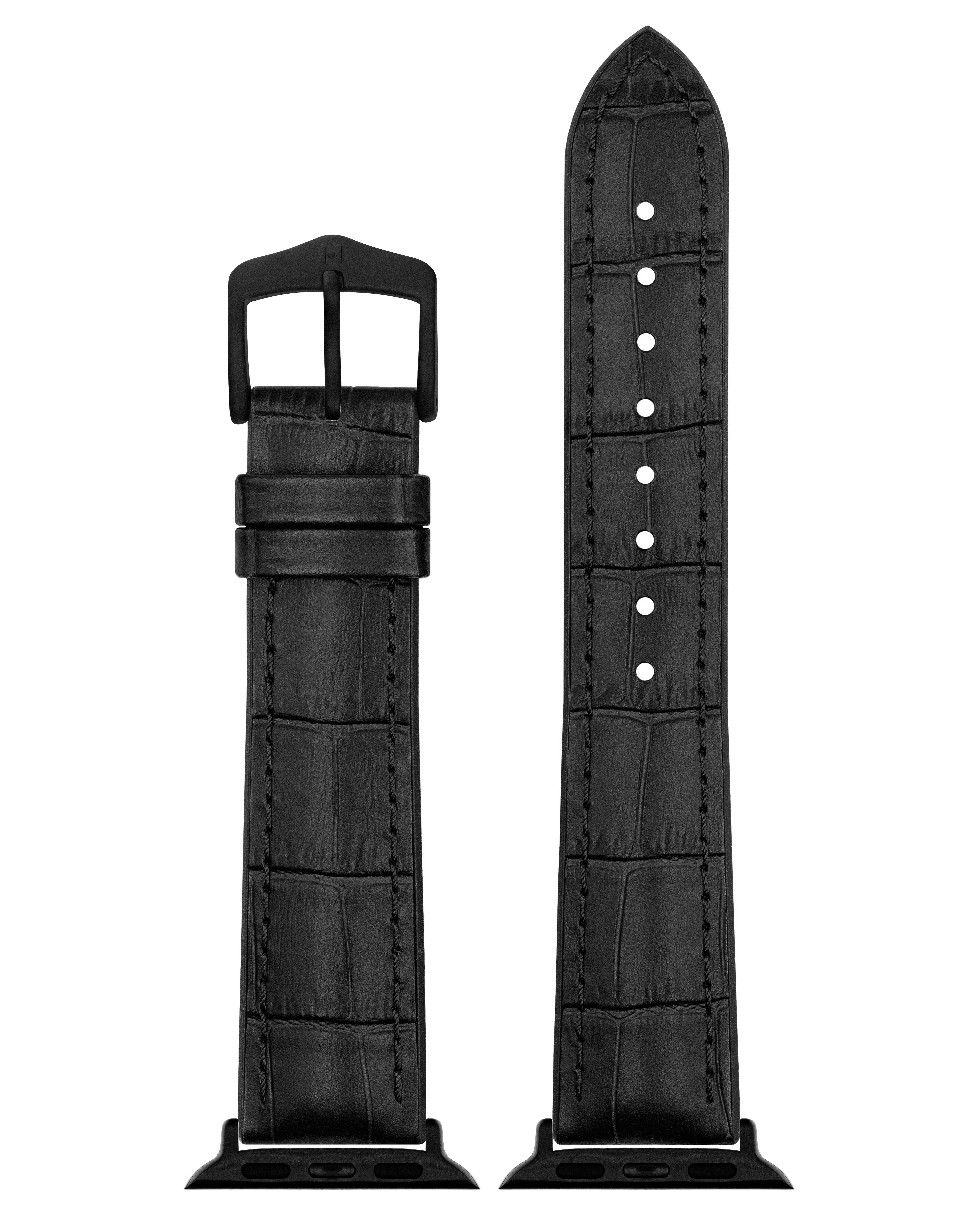 Schwarzes Leder-Armband mit schwarzer Schnalle. Strukturiertes Leder.