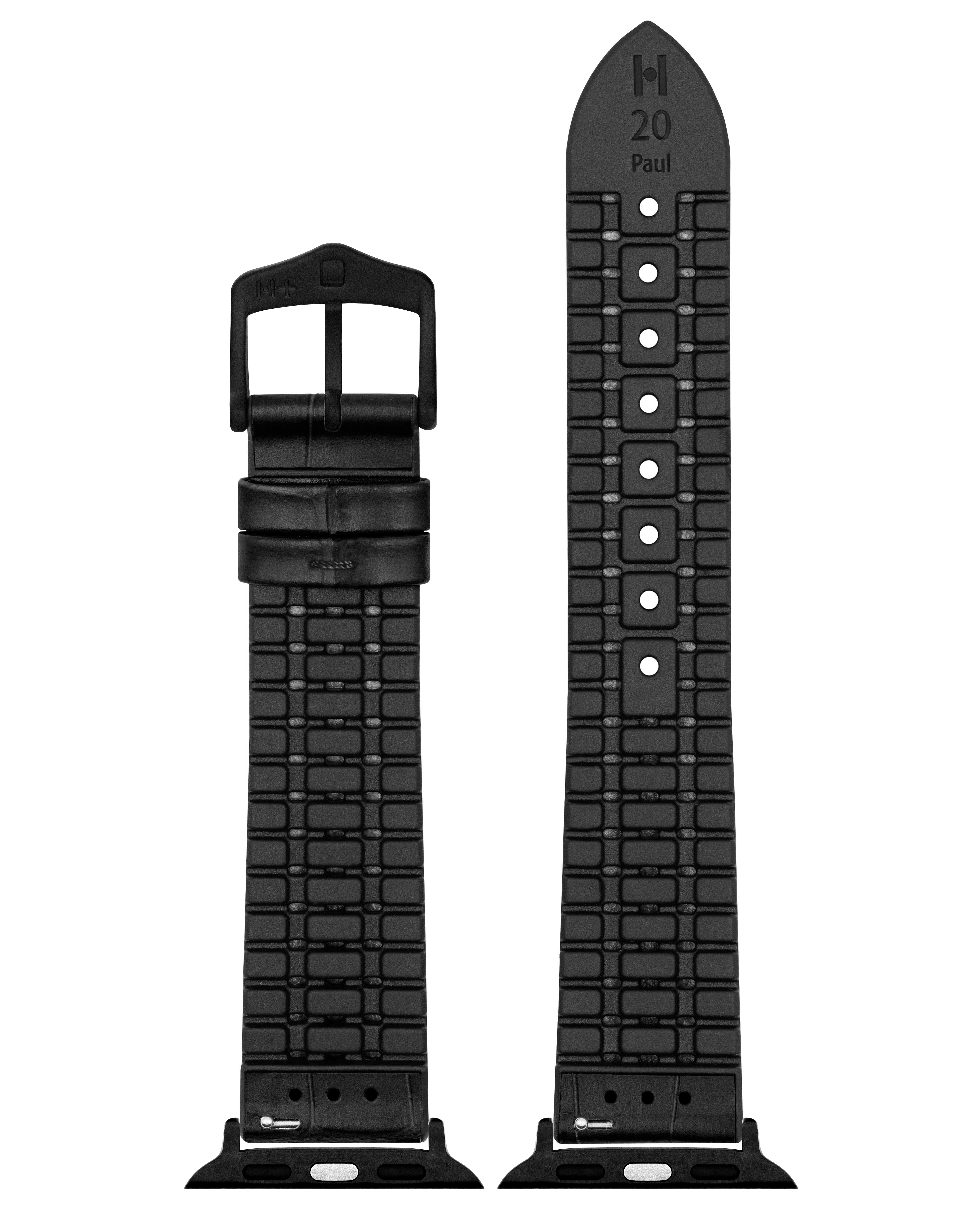 Schwarzes Leder-Armband mit schwarzer Schnalle. Strukturiert mit schwarzem Gummi.