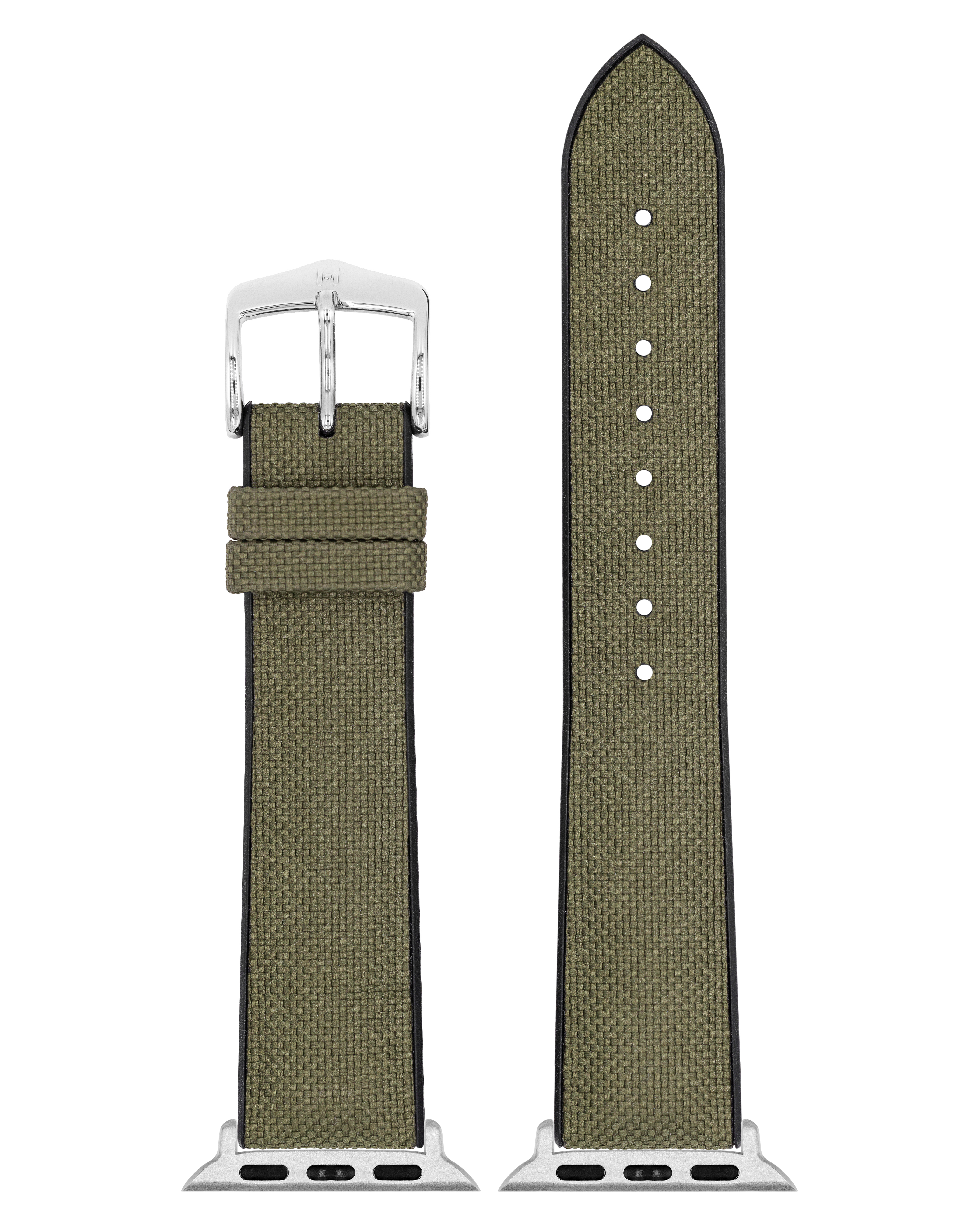 Grünes Canvas-Uhrenarmband mit silberner Schnalle und Hardware. Schwarze Kanten.