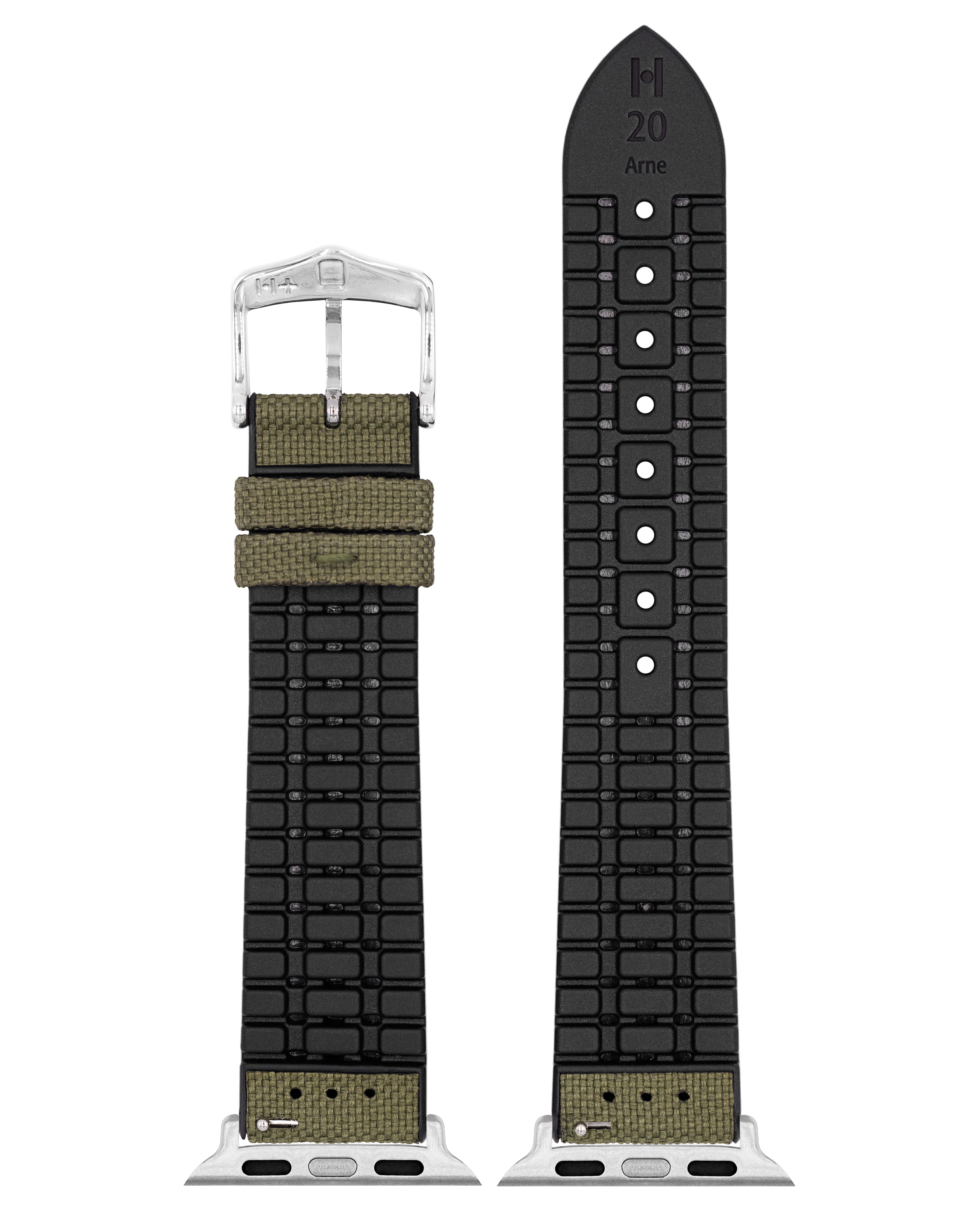 Grünes Canvas- und schwarzes Gummi-Uhrenarmband mit silberner Hardware.