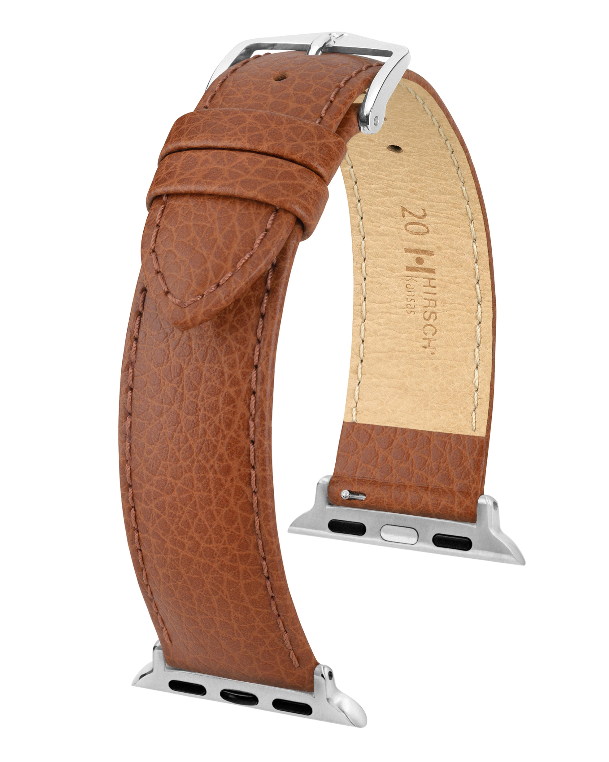 Braunes Lederarmband mit silberner Schnalle. Die Innenseite zeigt hellbraunes Leder mit Text.