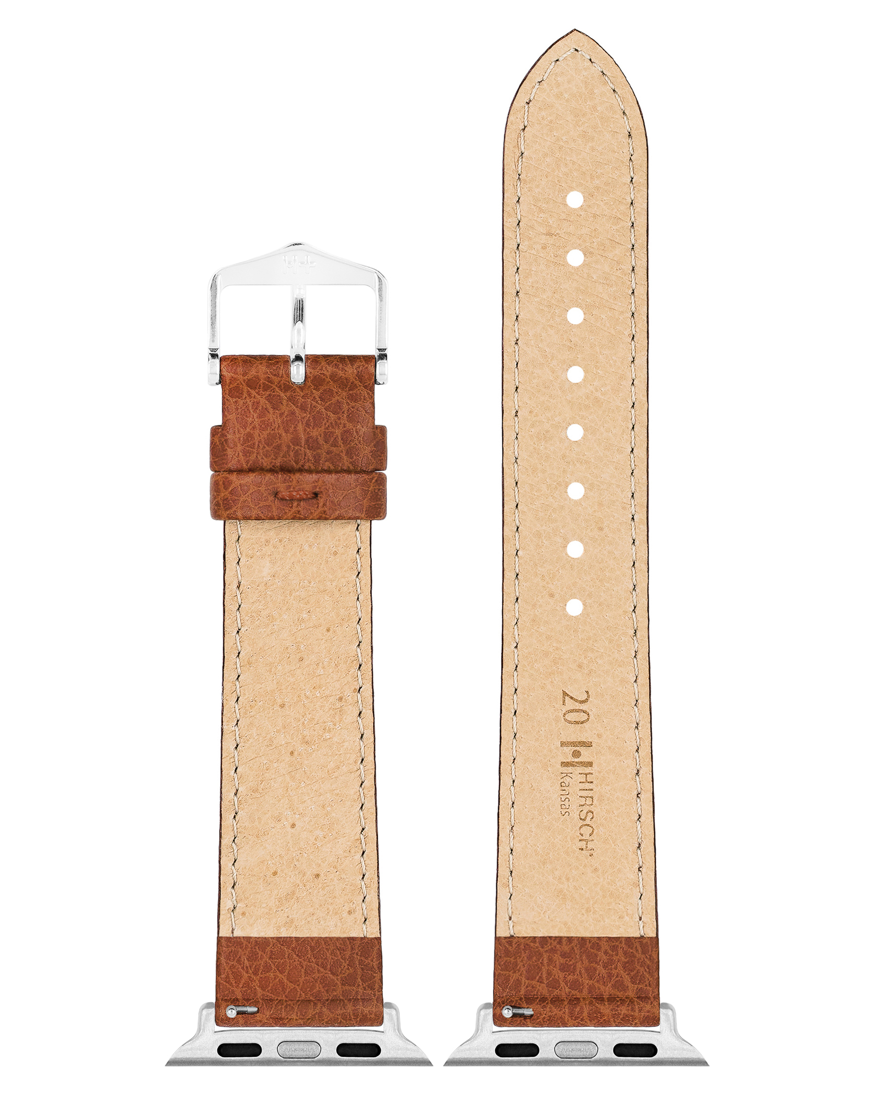 Braunes Lederarmband mit silberner Schnalle. Das Armband ist geteilt, mit sichtbarem Text.