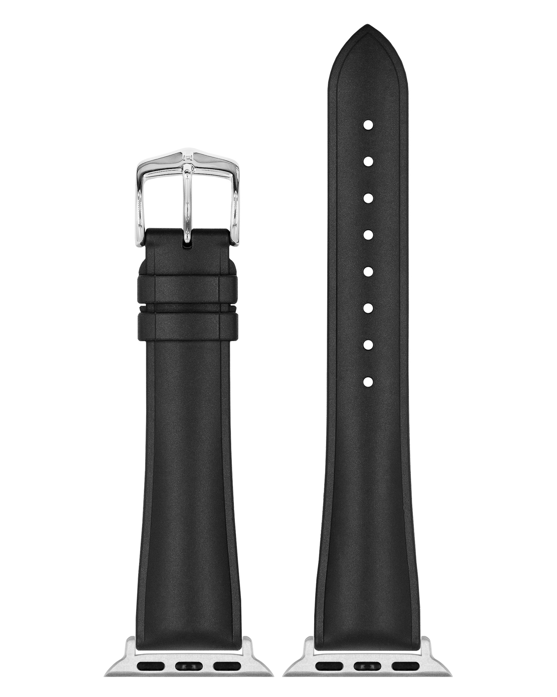 Schwarzes Uhrenarmband mit silberner Schnalle. Das Armband ist in zwei Teile geteilt.