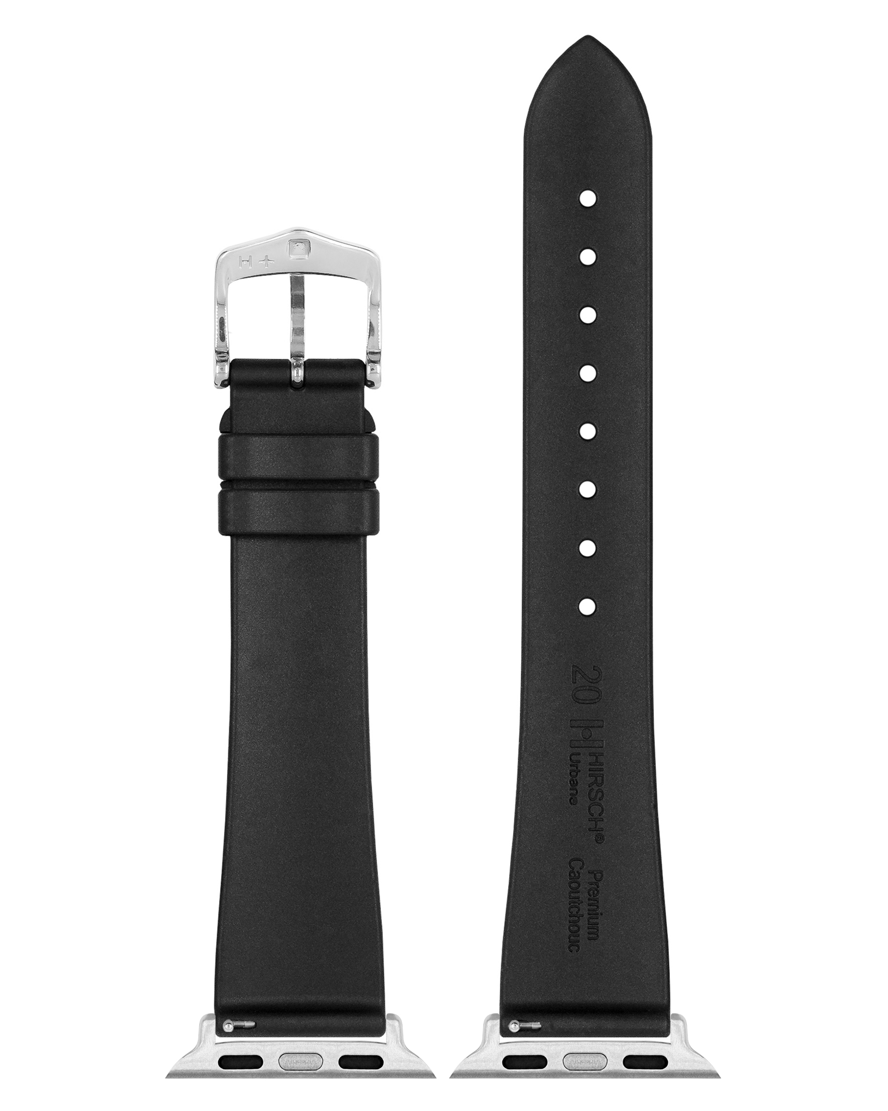 Schwarzes Uhrenarmband mit silberner Schnalle. Das Armband ist in zwei Teile geteilt.