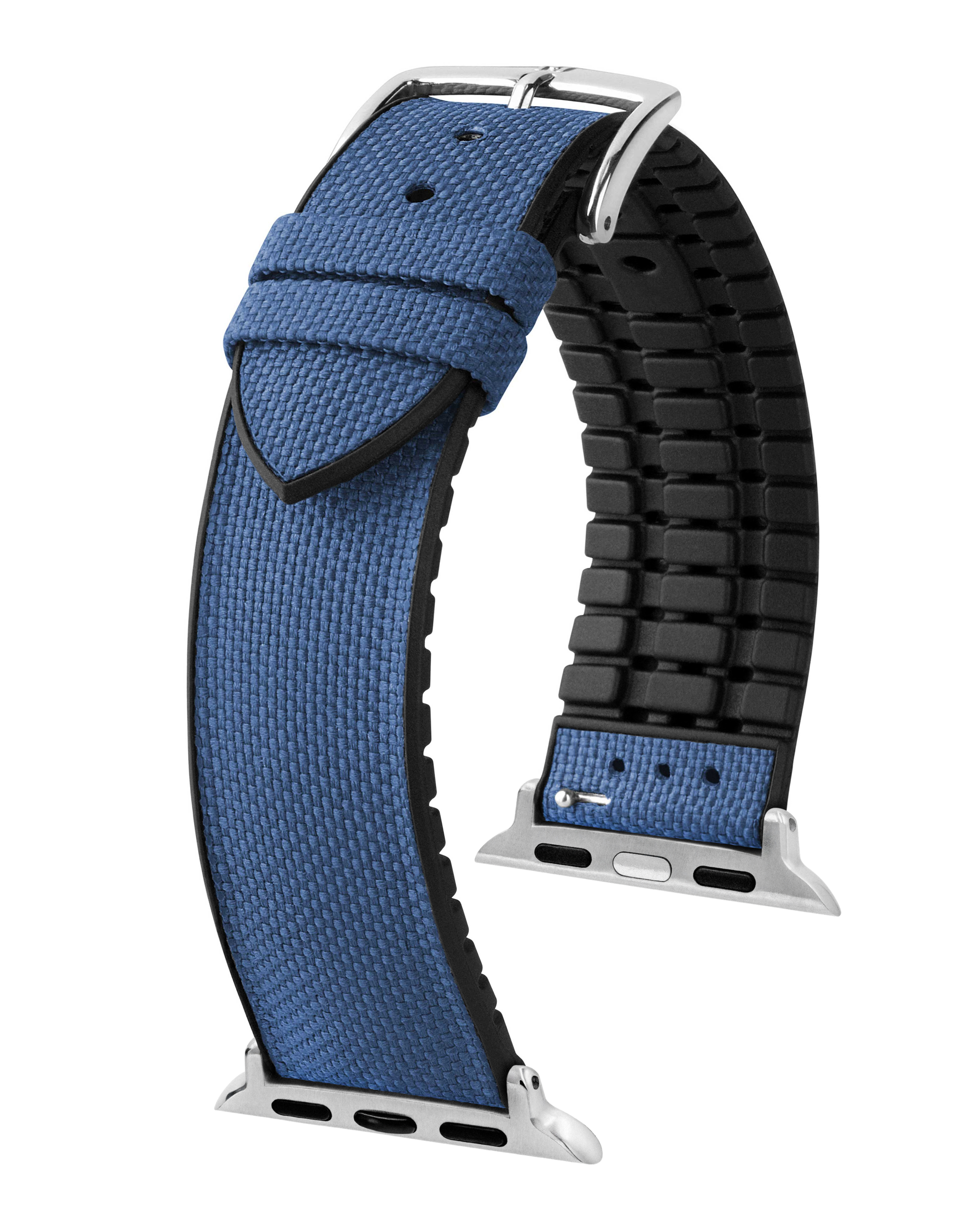 Blaues und schwarzes Uhrenarmband mit silberner Schnalle. Das Armband ist geteilt.