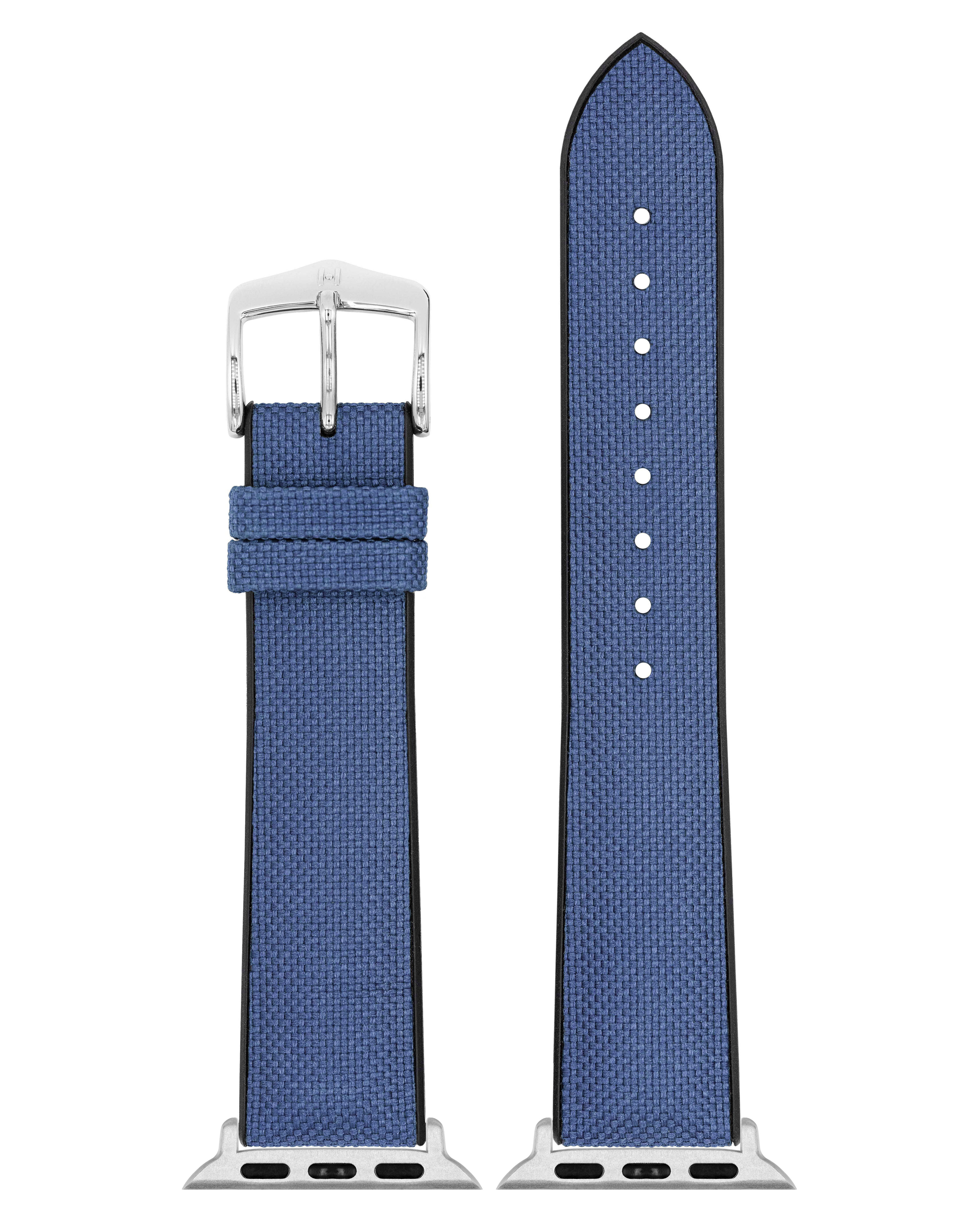 Blaues Uhrenarmband mit silberner Schnalle. Das Armband ist in zwei Teile geteilt.