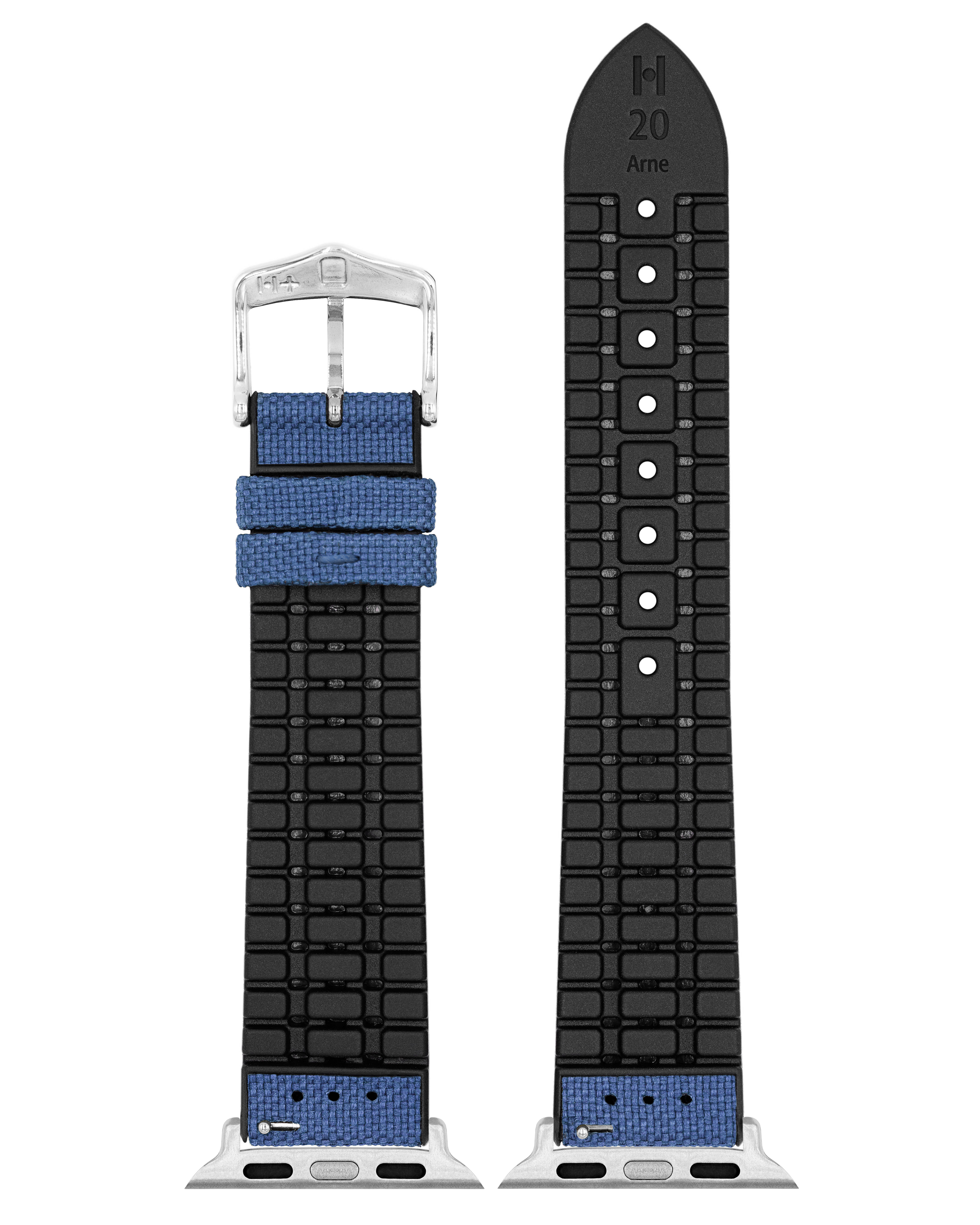 Blaues und schwarzes Uhrenarmband mit silberner Schnalle. Das Armband ist geteilt.