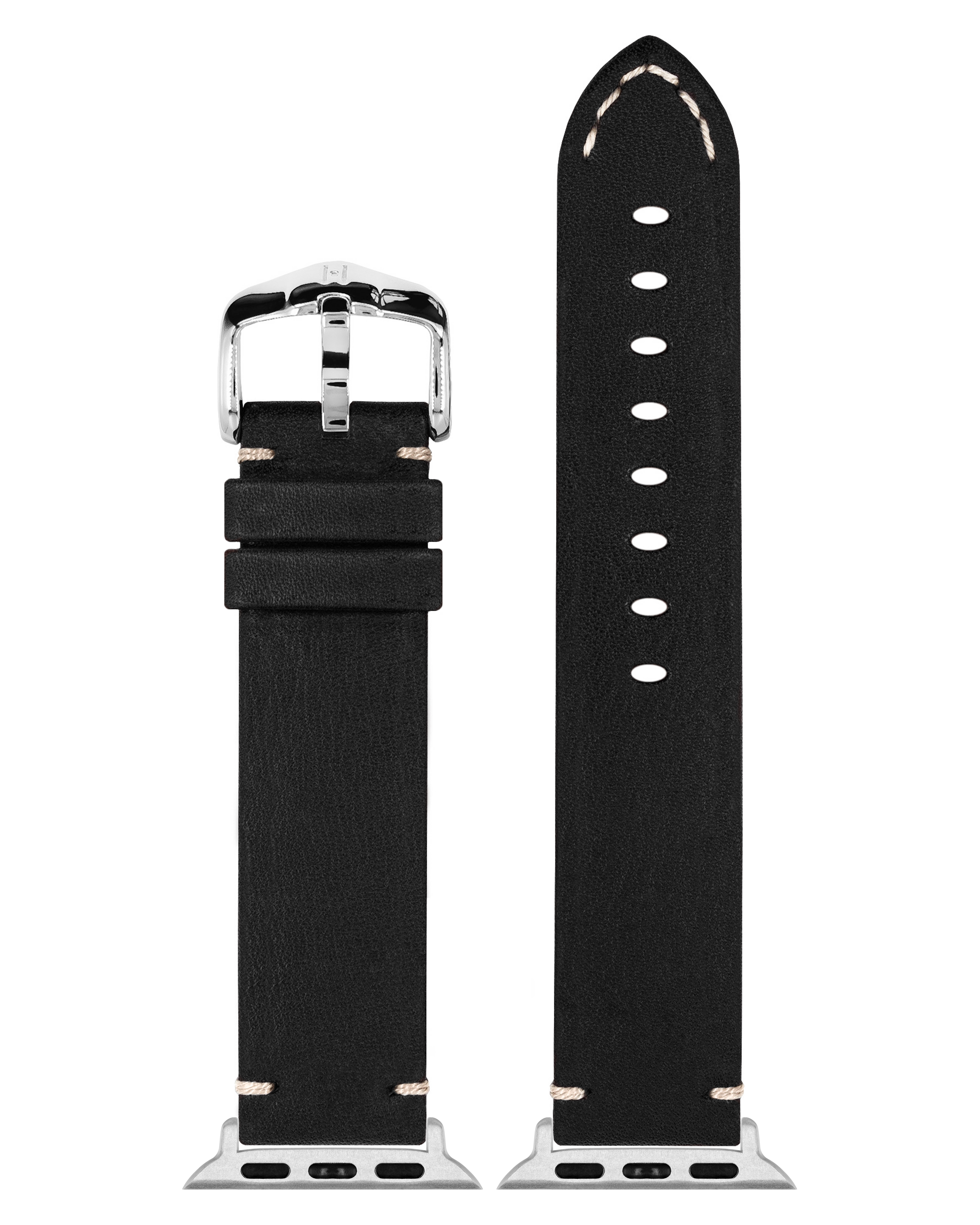 Schwarzes Leder-Uhrenarmband mit silberner Schnalle. Das Band ist in zwei Teile geteilt.
