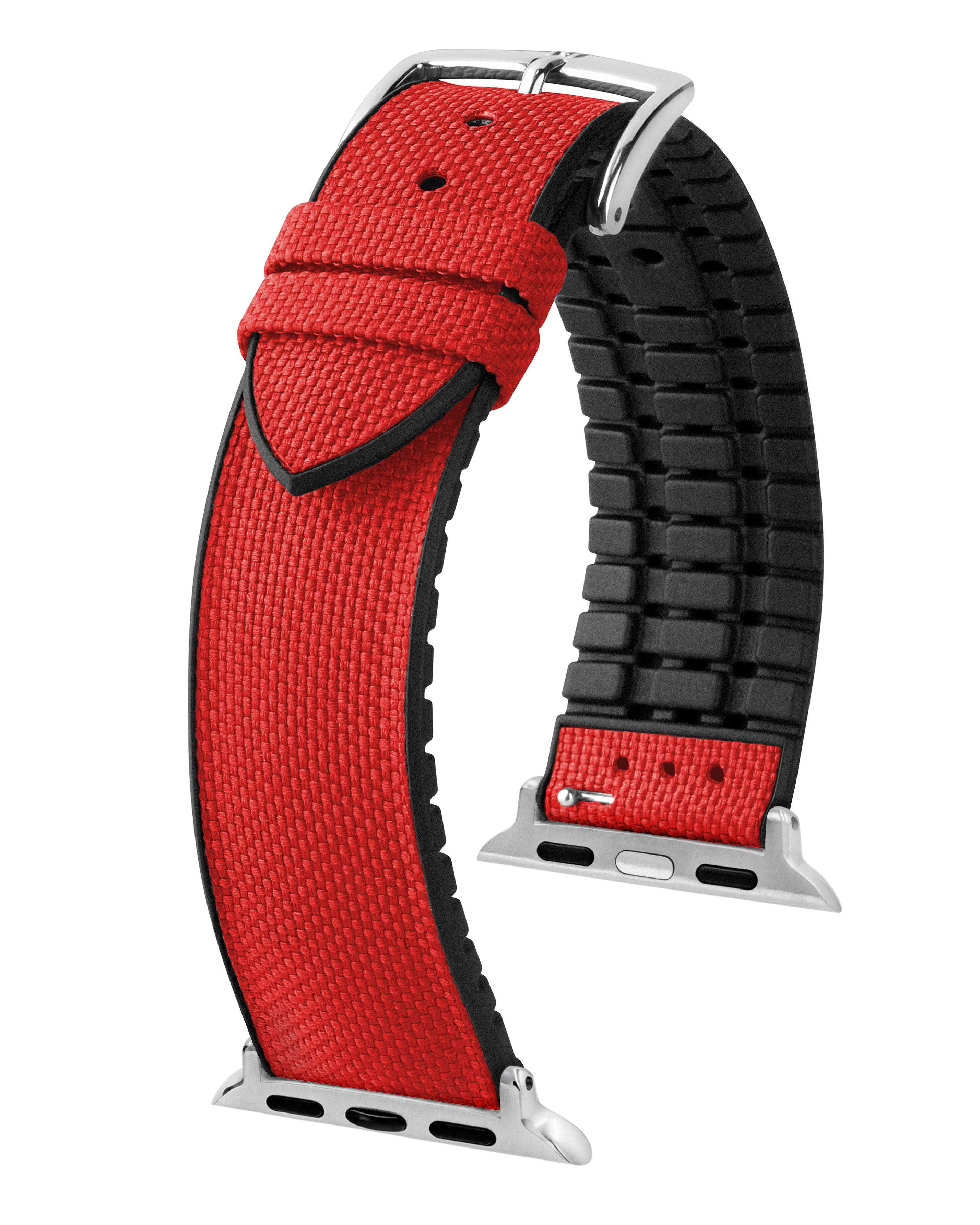 Rotes und schwarzes Uhrenarmband mit silberner Schnalle. Canvas-ähnliches Material mit schwarzem Rand.