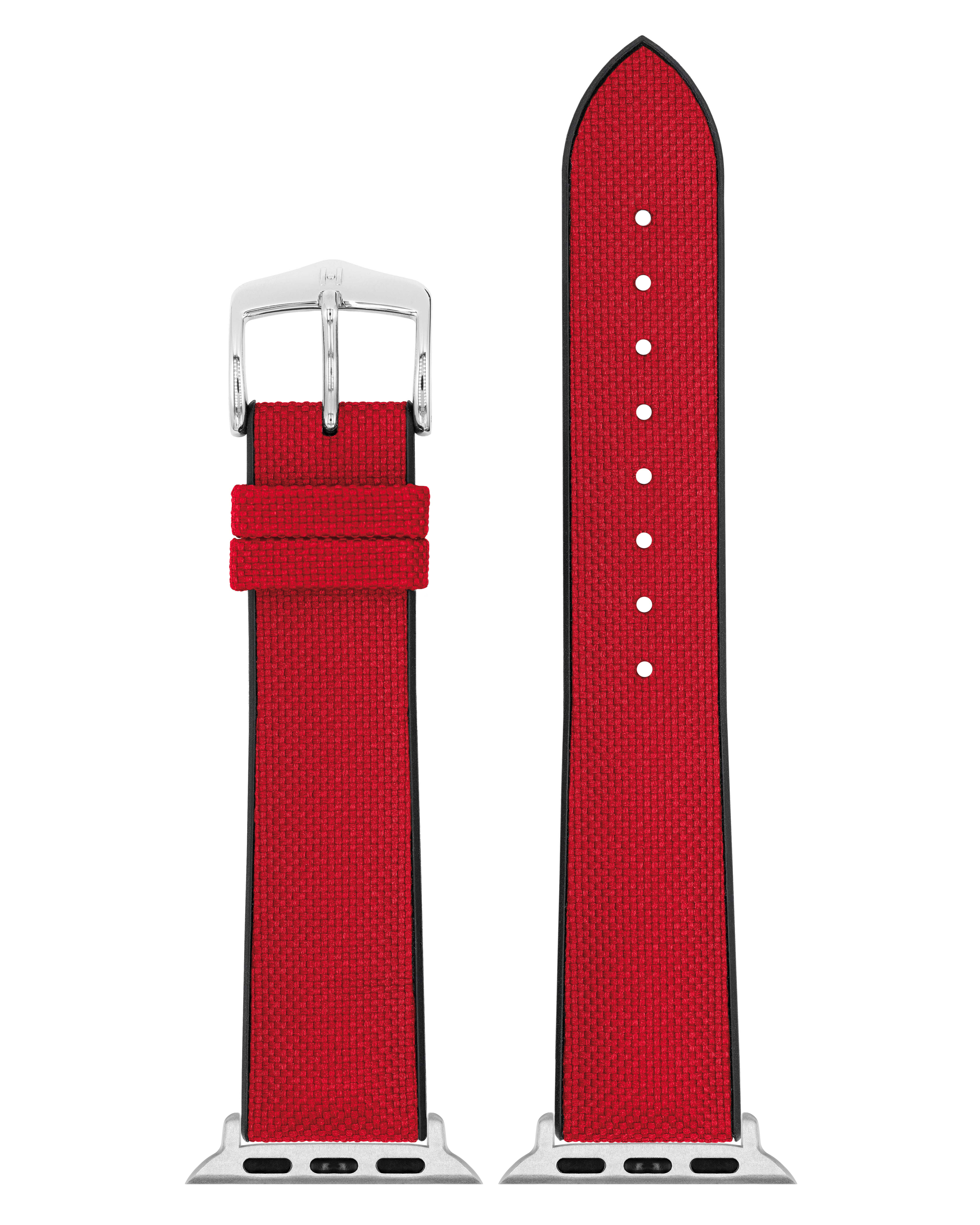 Rotes Uhrenarmband mit silberner Schnalle. Canvas-ähnliches Material mit schwarzem Rand.