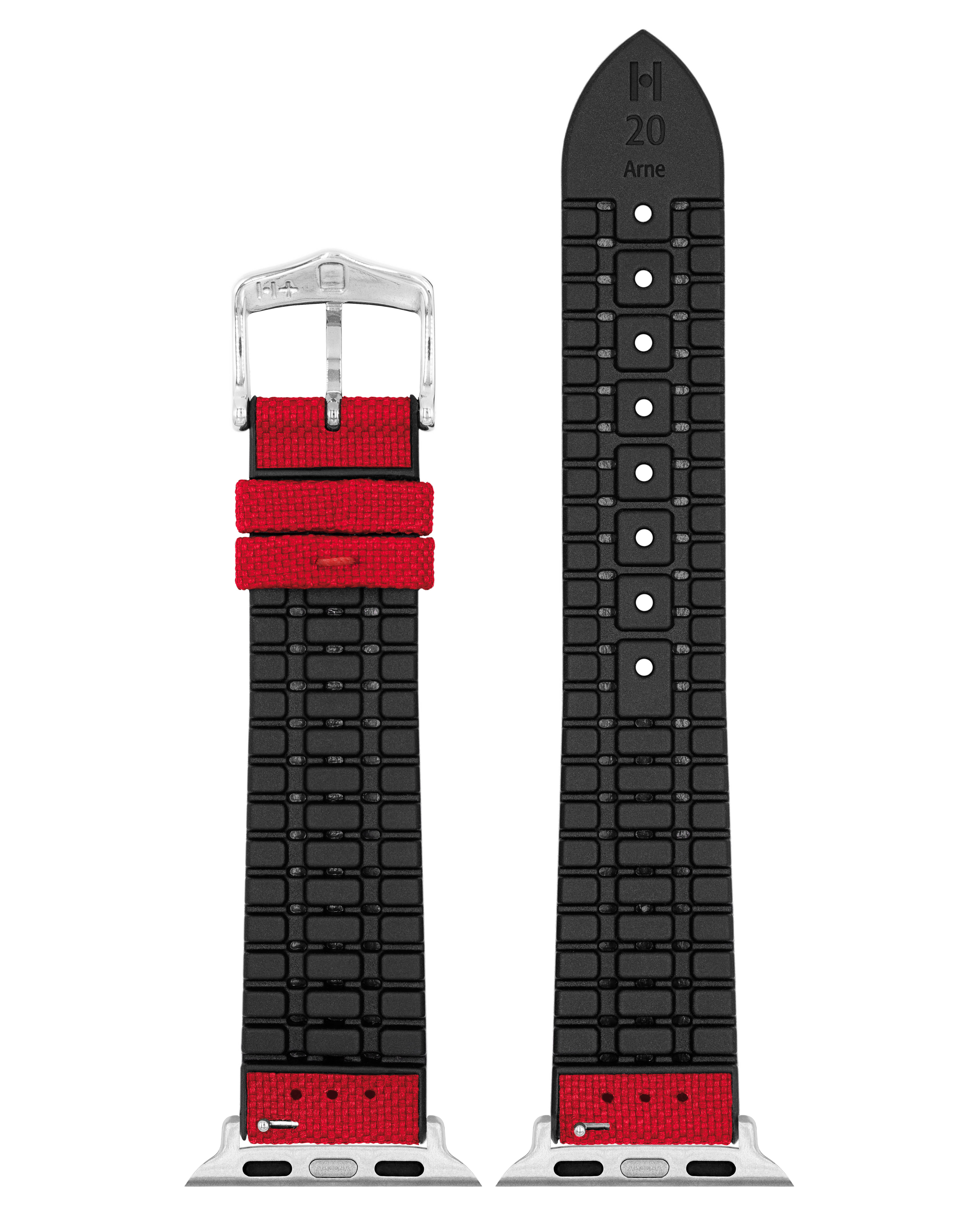 Rotes und schwarzes Uhrenarmband mit silberner Schnalle. Das Band hat ein gemustertes Design.
