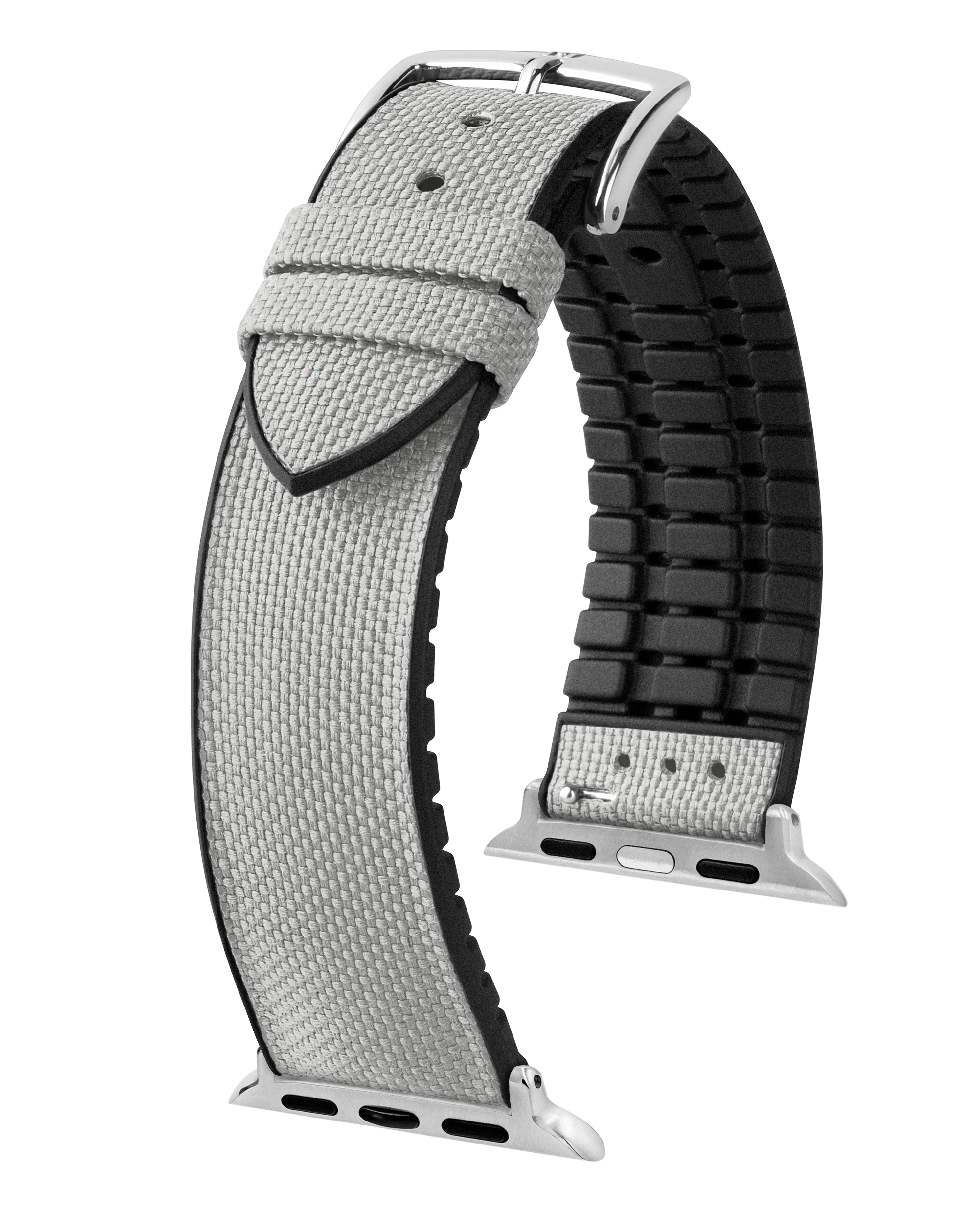Graues und schwarzes Uhrenarmband mit silberner Schnalle. Canvas-ähnliches Material mit schwarzem Rand.