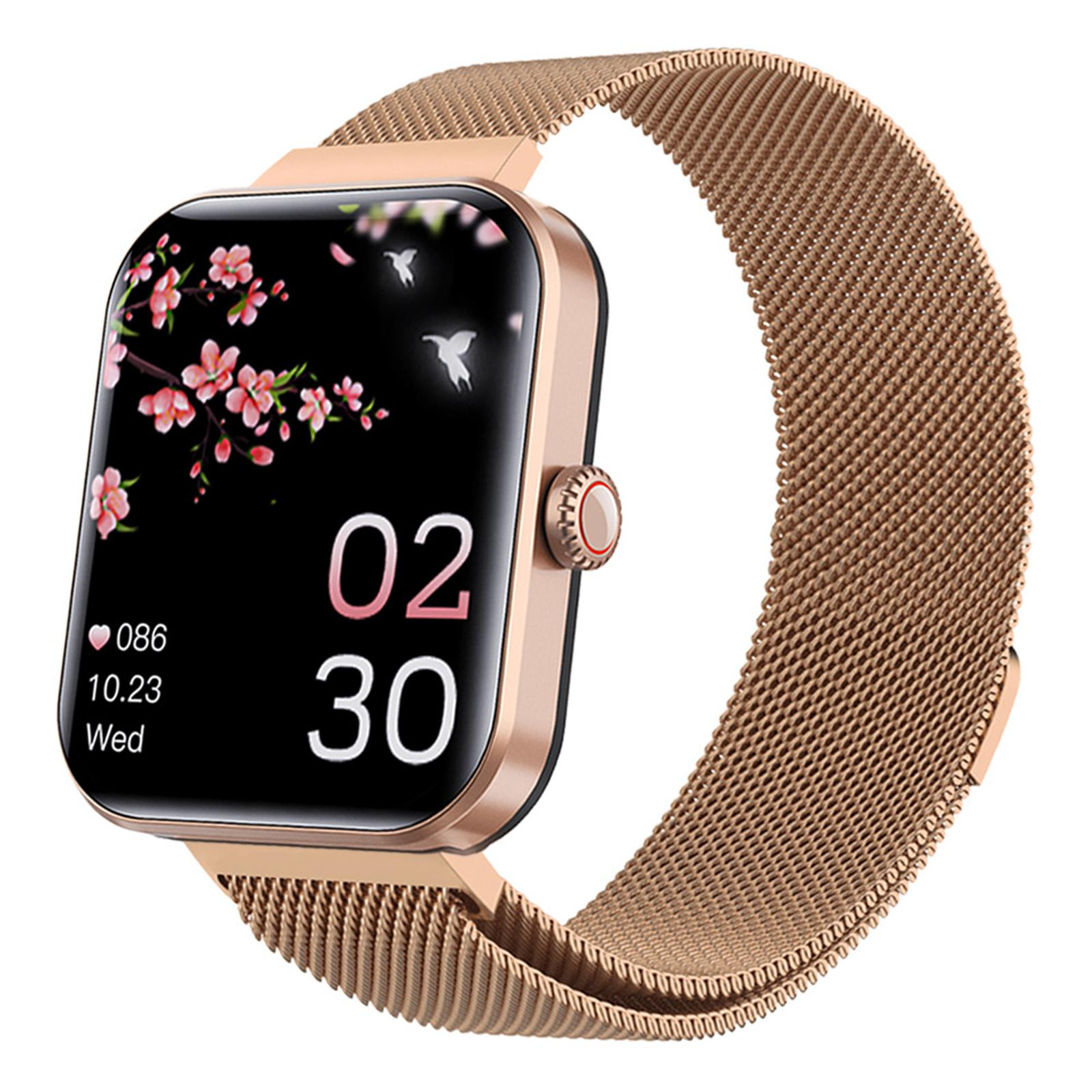 Goldene Smartwatch mit goldenem Mesh-Armband. Der Bildschirm zeigt ein rosa Blumendesign und Zeit.