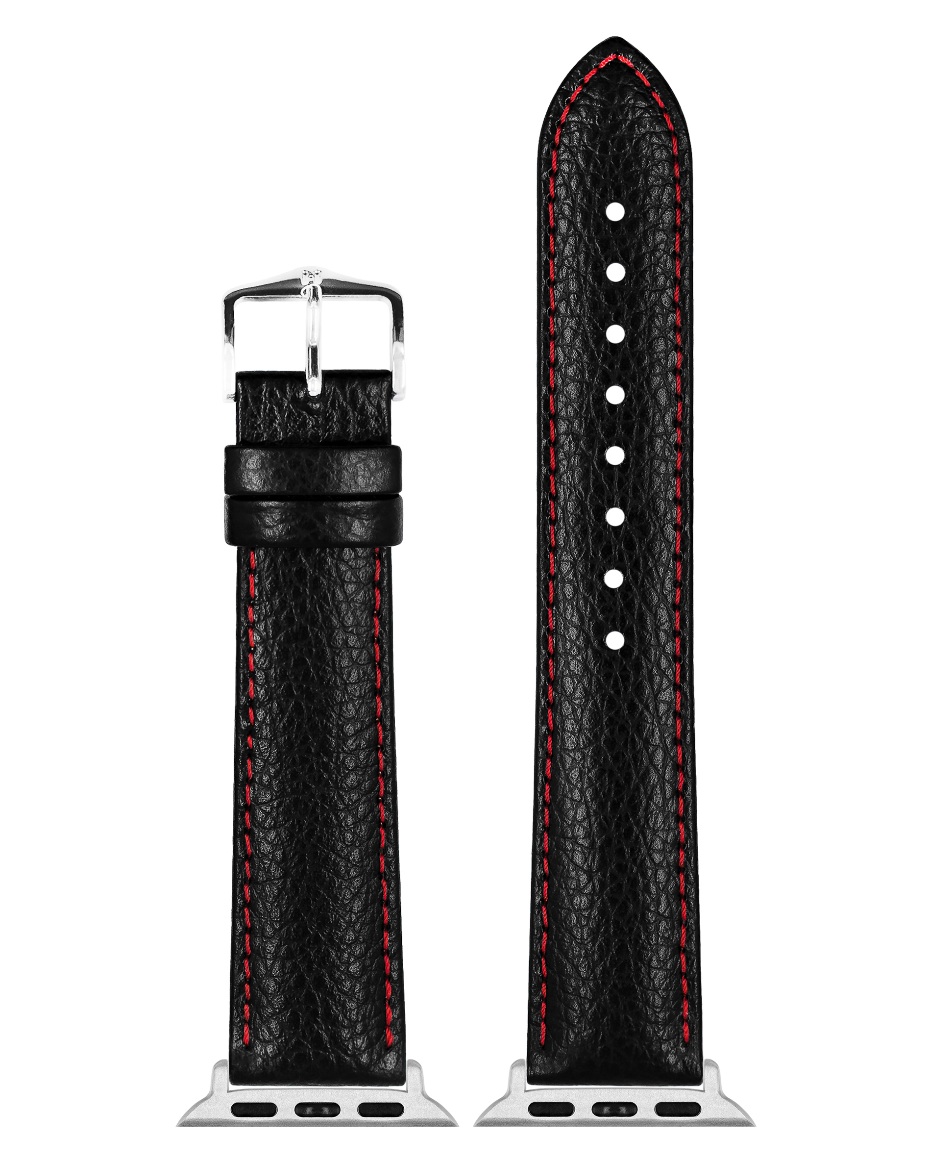 Ein schwarzes Lederarmband mit roten Nähten, silberfarbener Hardware und strukturierter Oberfläche.
