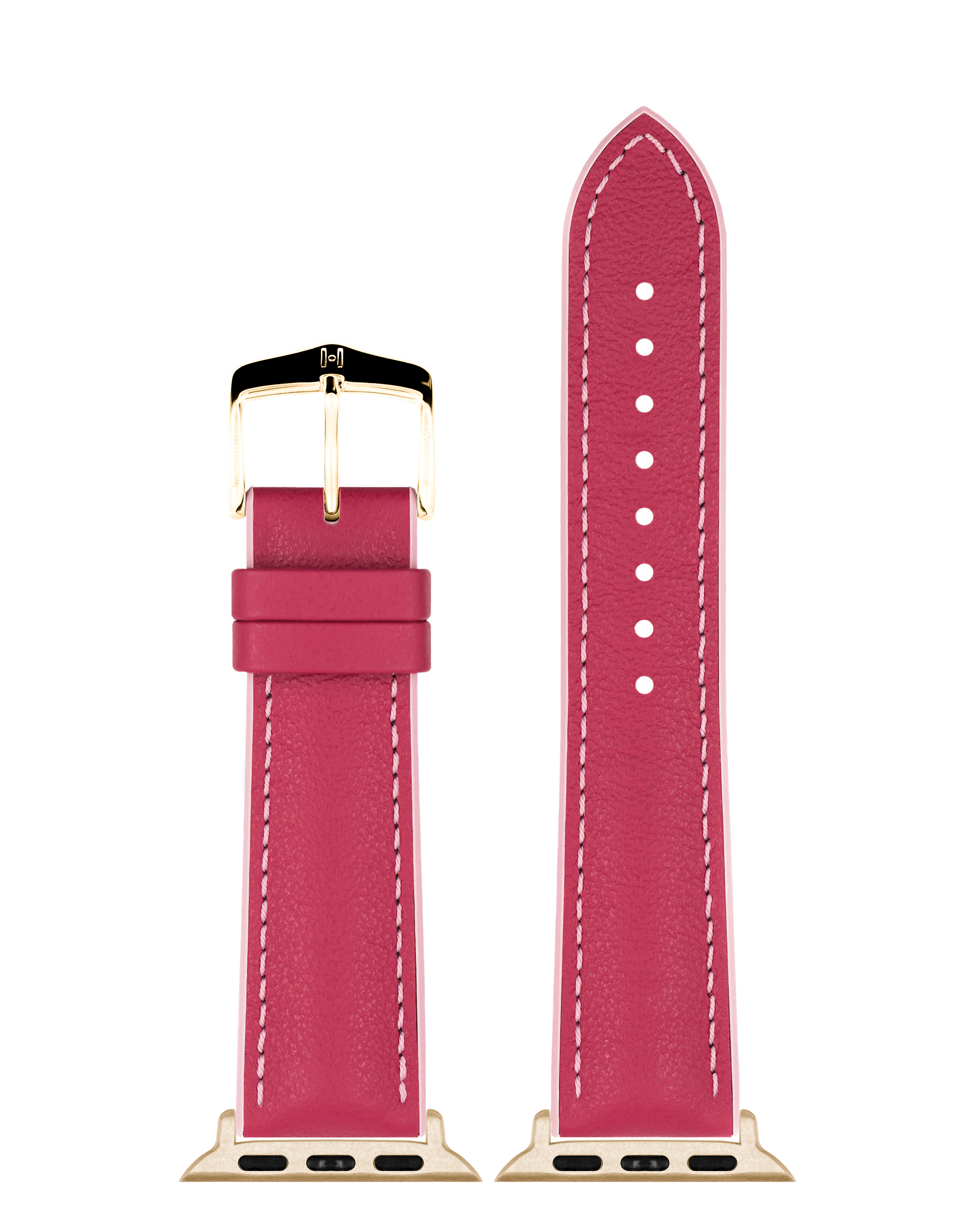 Ein rosa Leder-Armband mit weißen Nähten und goldener Schnalle. Es ist auf weißem Hintergrund gezeigt.