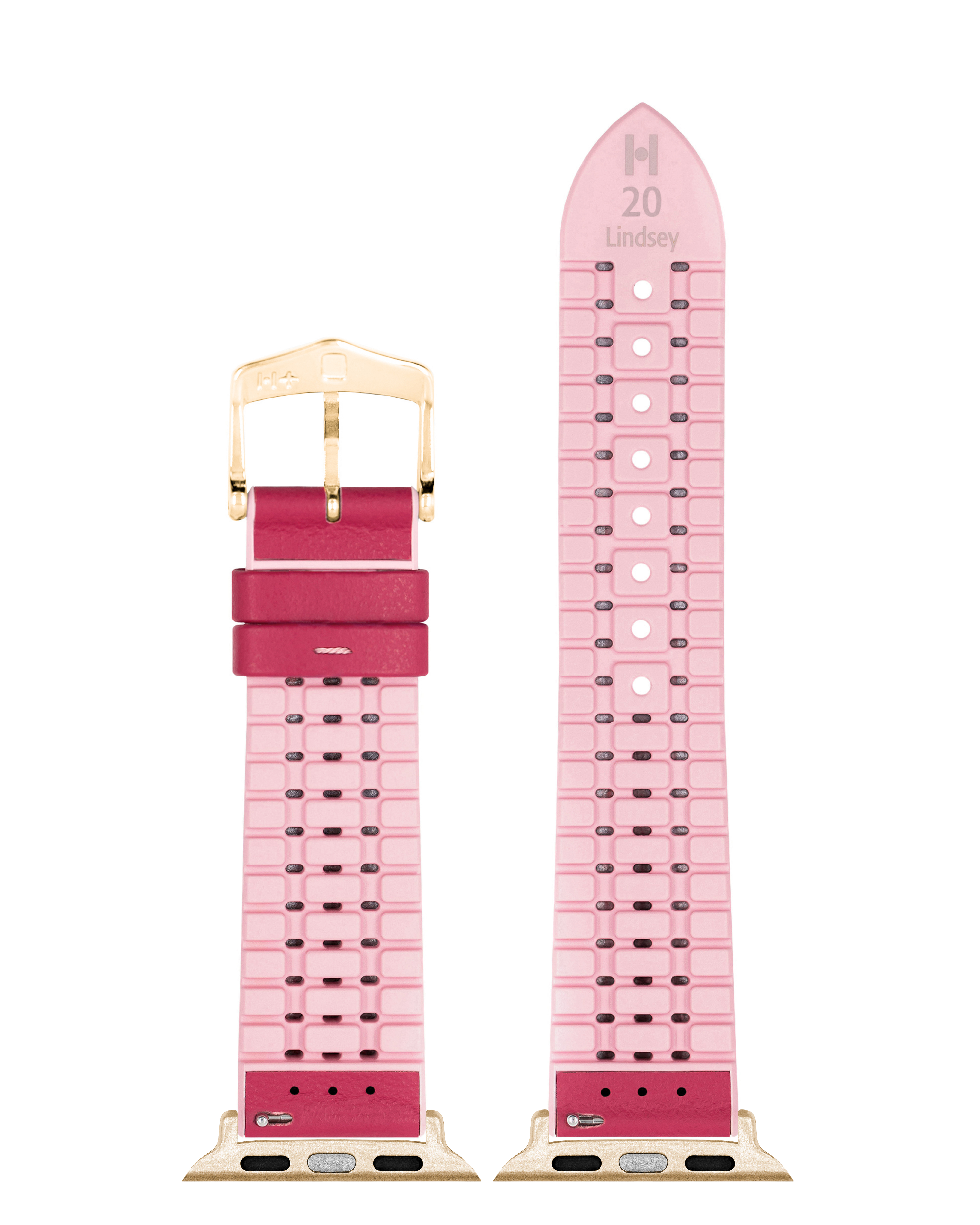 Rosa Uhrenarmband mit pinkfarbenem Silikon innen und goldener Schnalle. Es hat Text: "Lindsey 20".