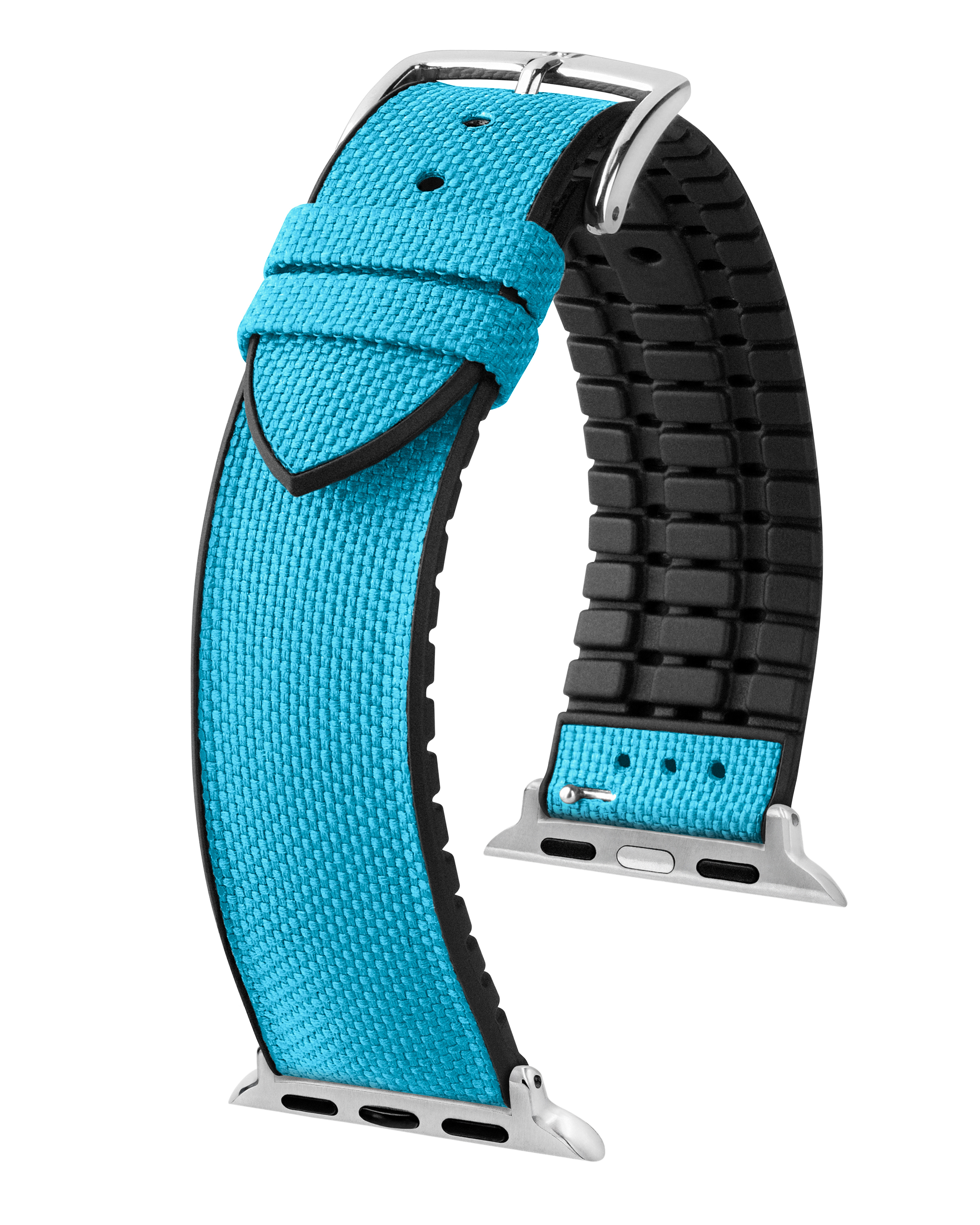 Blaues Uhrenarmband mit schwarzem Gummi-Innenband und silberner Schnalle. Das blaue Band ist Canvas.