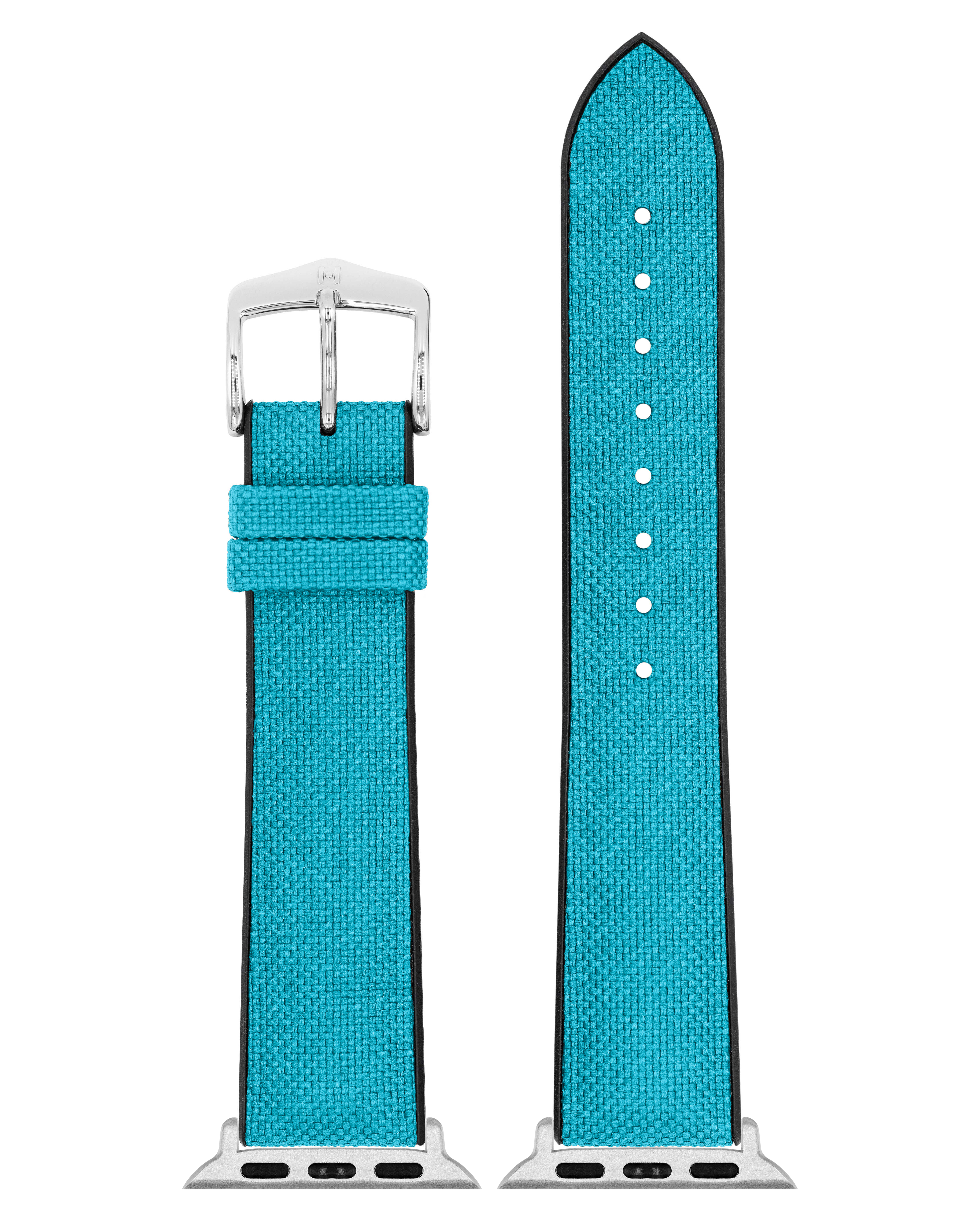 Blaues Uhrenarmband mit silberner Schnalle und weißen Nähten. Das Band ist Canvas mit schwarzen Kanten.