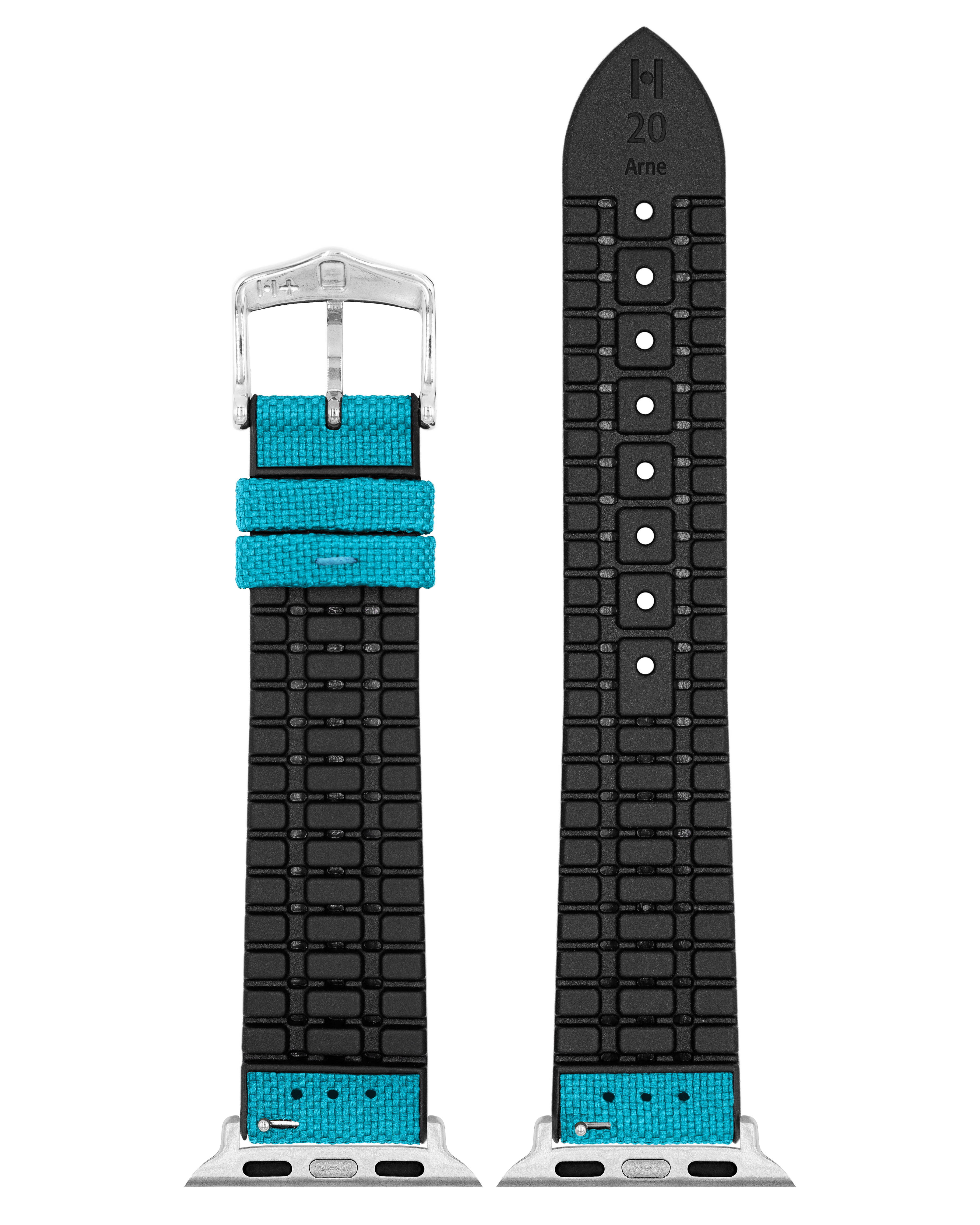 Blaues Uhrenarmband mit schwarzem Gummi-Innenband und silberner Schnalle. Das blaue Band ist Canvas.