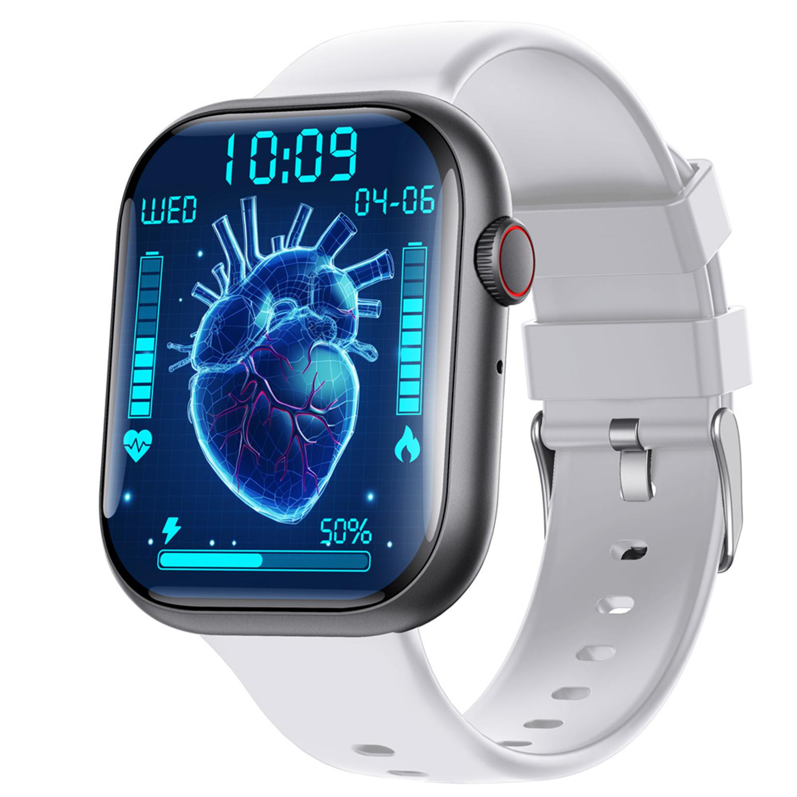 Eine weiße Smartwatch mit blauem Herzfrequenz-Grafik auf dem Bildschirm. Sie zeigt Zeit und Akkulaufzeit.