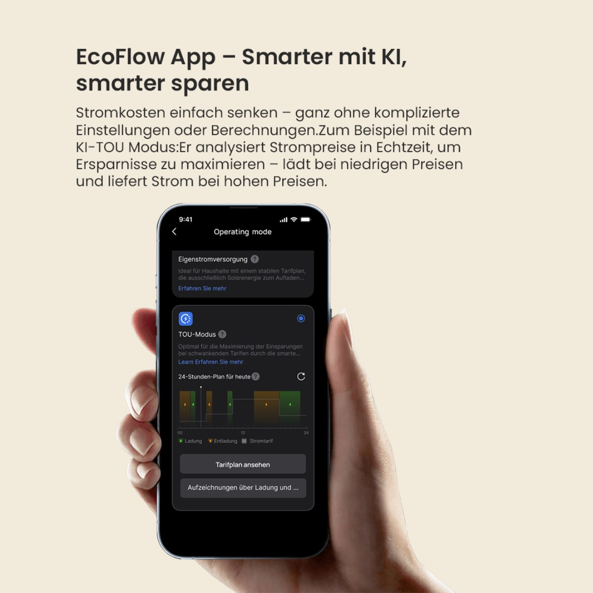 Eine Hand, die ein Smartphone hält, das eine App-Oberfläche mit Daten auf schwarzem Hintergrund anzeigt.
