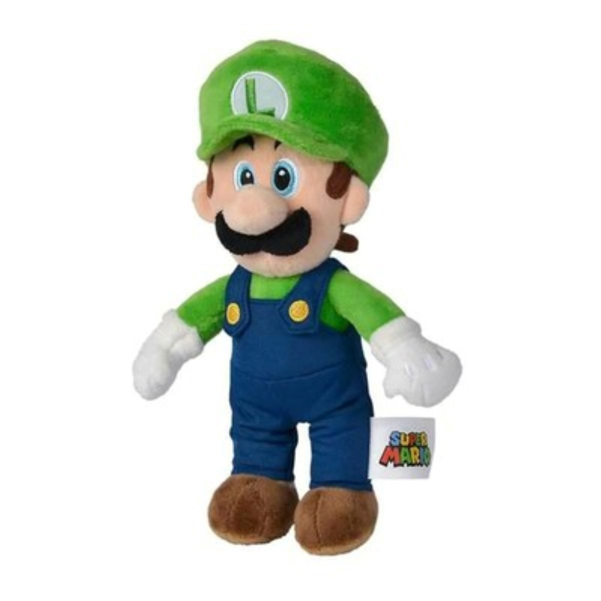 Luigi-Plüschtier mit grünem Hut mit einem 'L', blauen Latzhosen, weißen Handschuhen und einem Schnurrbart.