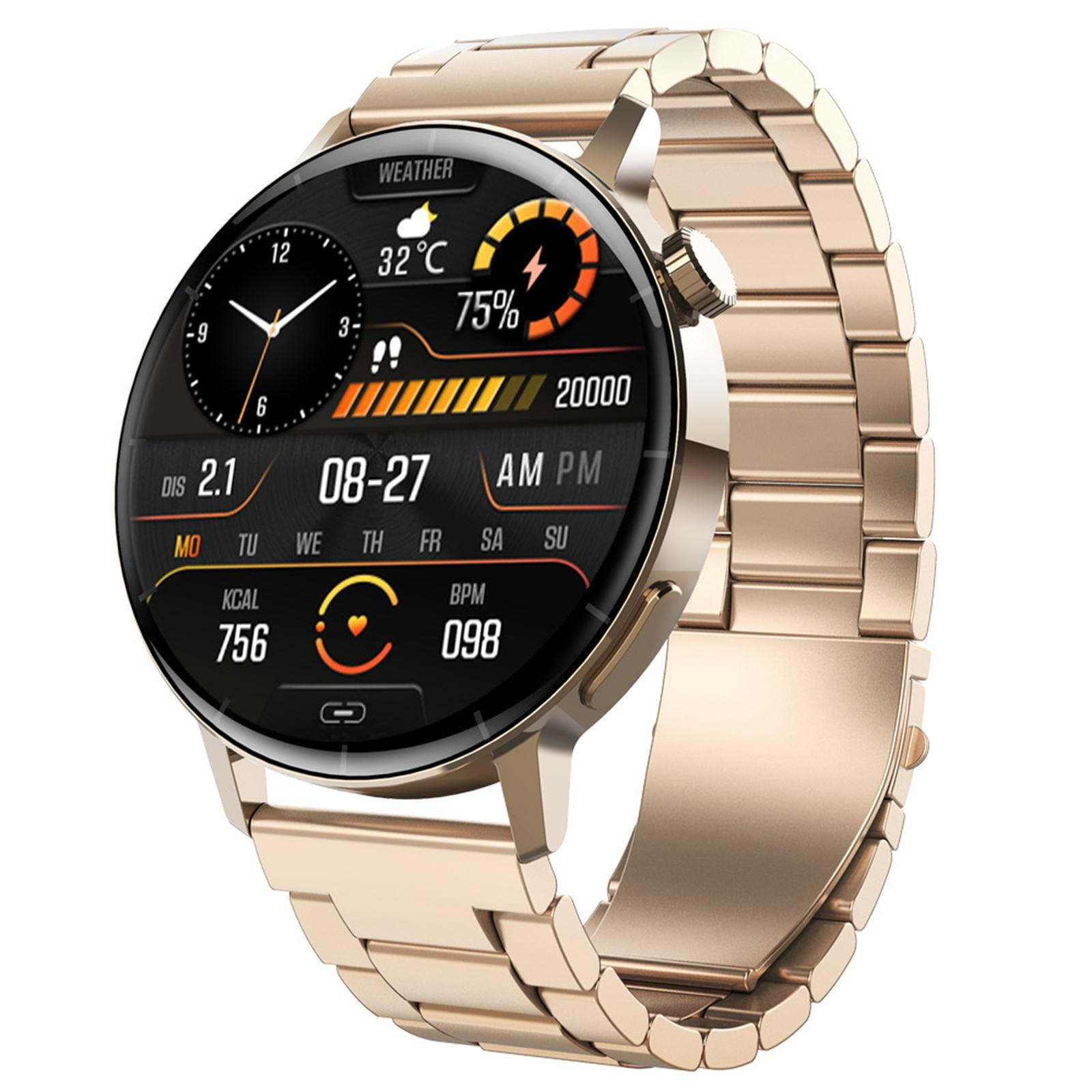 Eine goldene Smartwatch mit rundem Display, das Zeit, Wetter und Gesundheitsdaten anzeigt.