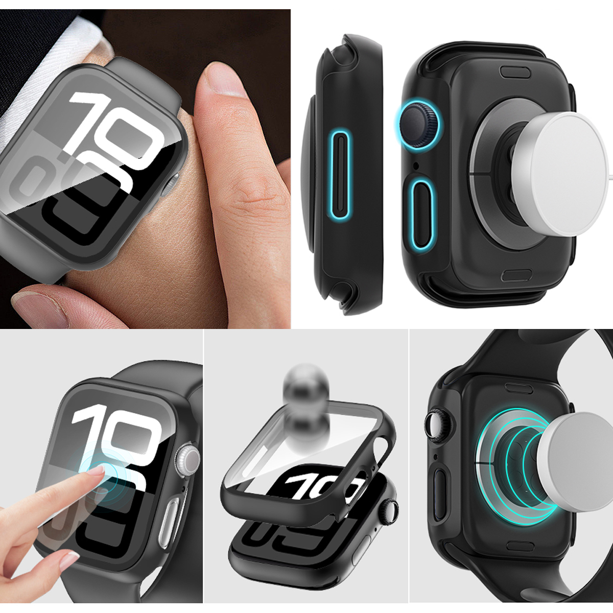 Mehrere Bilder einer Smartwatch und ihres Zubehörs, die verschiedene Ansichten und Funktionen zeigen, einschließlich Bildschirmschutz.