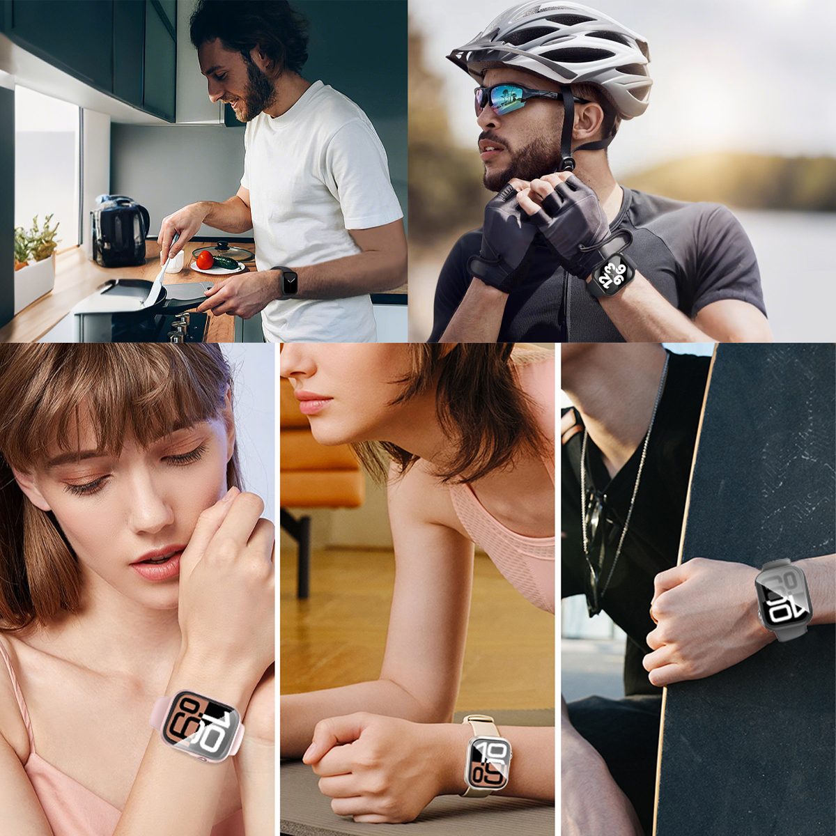 Eine Collage von Personen, die Smartwatches tragen. Einzelpersonen werden in verschiedenen Umgebungen gezeigt, was die Verwendung der Uhr demonstriert.