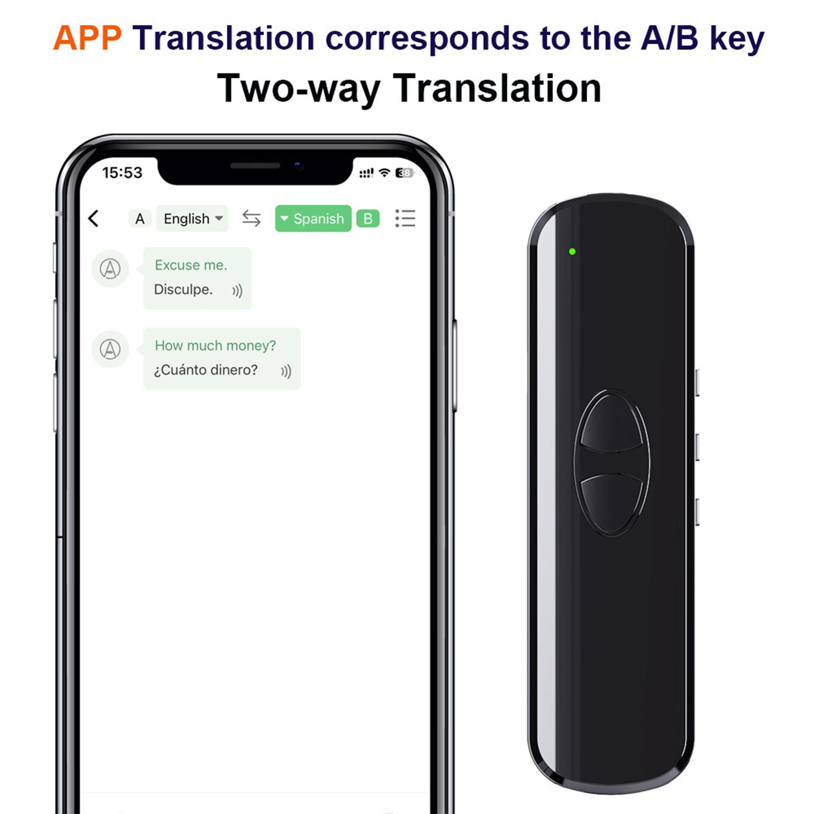 Ein Smartphone mit einer Übersetzungs-App und einem schwarzen Übersetzungsgerät, das die Zwei-Wege-Übersetzung demonstriert.
