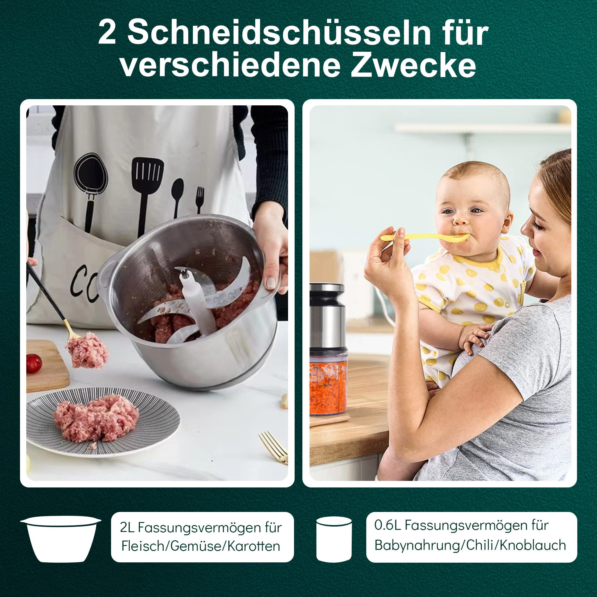 Eine Küchenmaschine mit zwei Schüsseln, eine mit Fleisch und die andere mit Babynahrung. Verschiedene Verwendungen werden gezeigt.