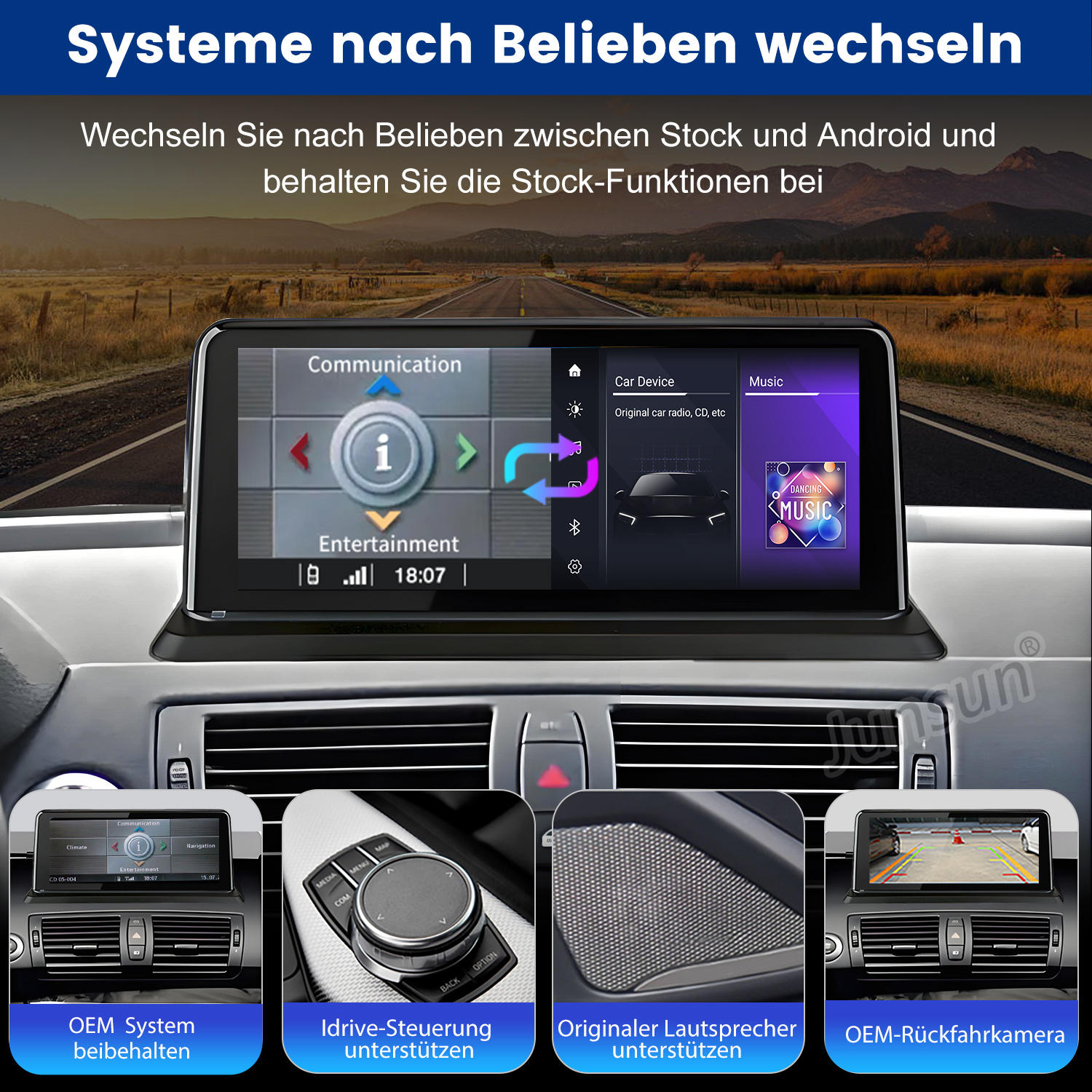 Ein Auto-Armaturenbrett mit Bildschirm, der Navigations- und Musikoptionen anzeigt, mit anderen Autokomponenten.