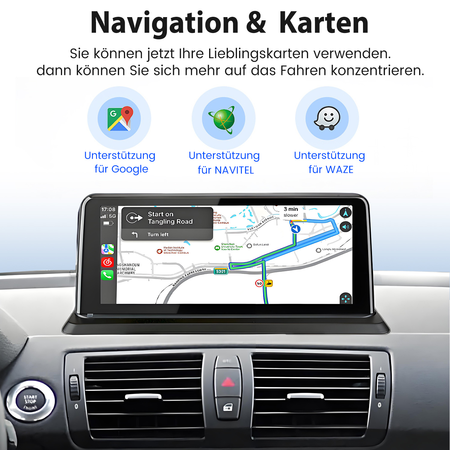 Auto-Armaturenbrett mit Navigationsbildschirm, der Google-, Navitel- und Waze-Unterstützung zeigt.