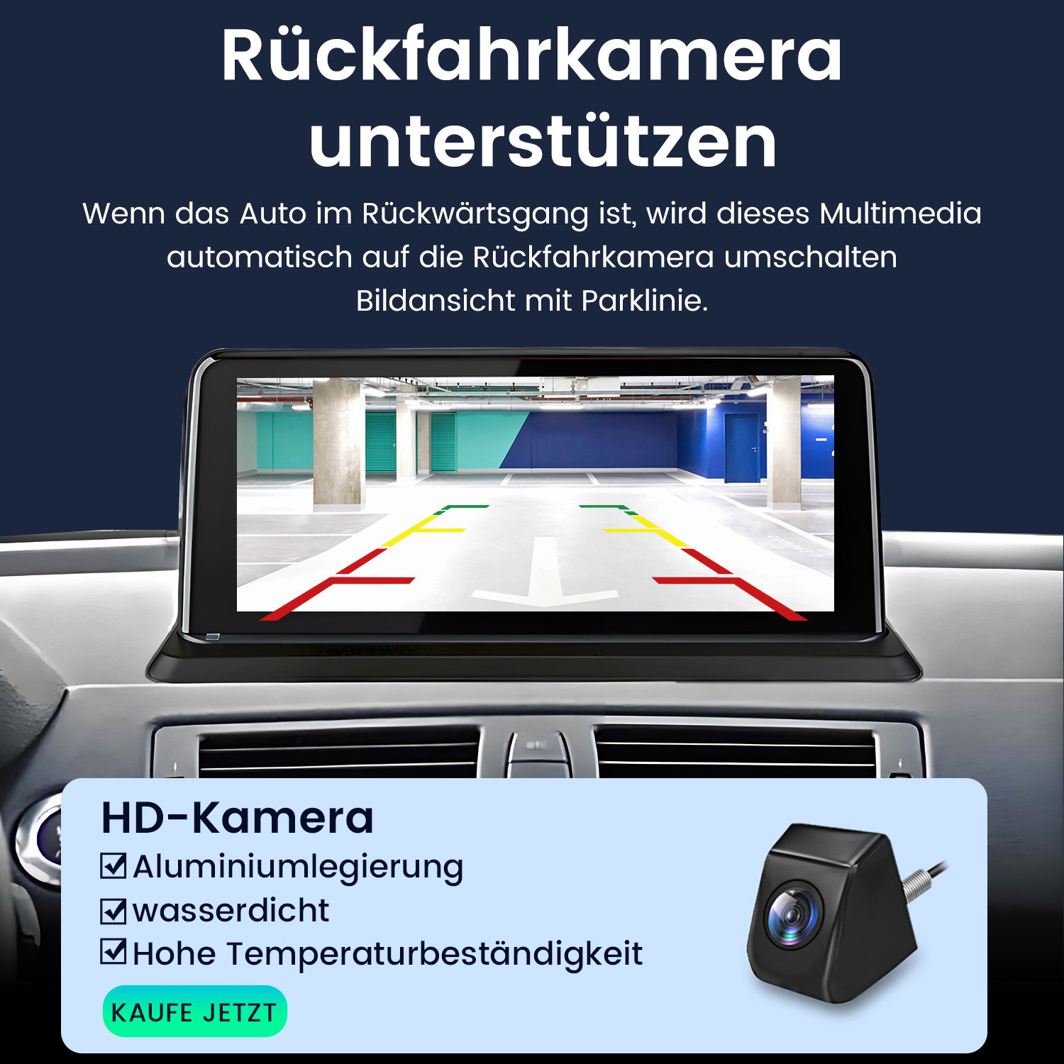 Auto-Multimedia-Bildschirm, der eine Rückfahrkameransicht mit Parklinien und einem Kamerasymbol anzeigt.