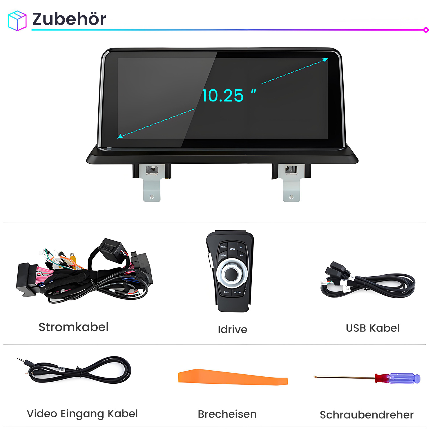 Automediasystem-Teile, darunter ein Bildschirm, Kabel, eine Fernbedienung und ein Schraubendreher auf grünem Untergrund.