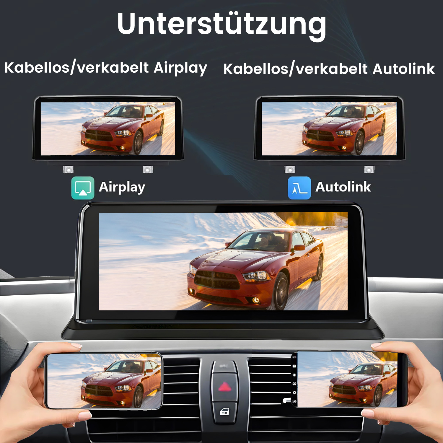 Auto-Multimedia-System, das Telefon-Mirroring und Carplay auf einem Bildschirm zeigt, mit zwei Spiegeltelefonen.