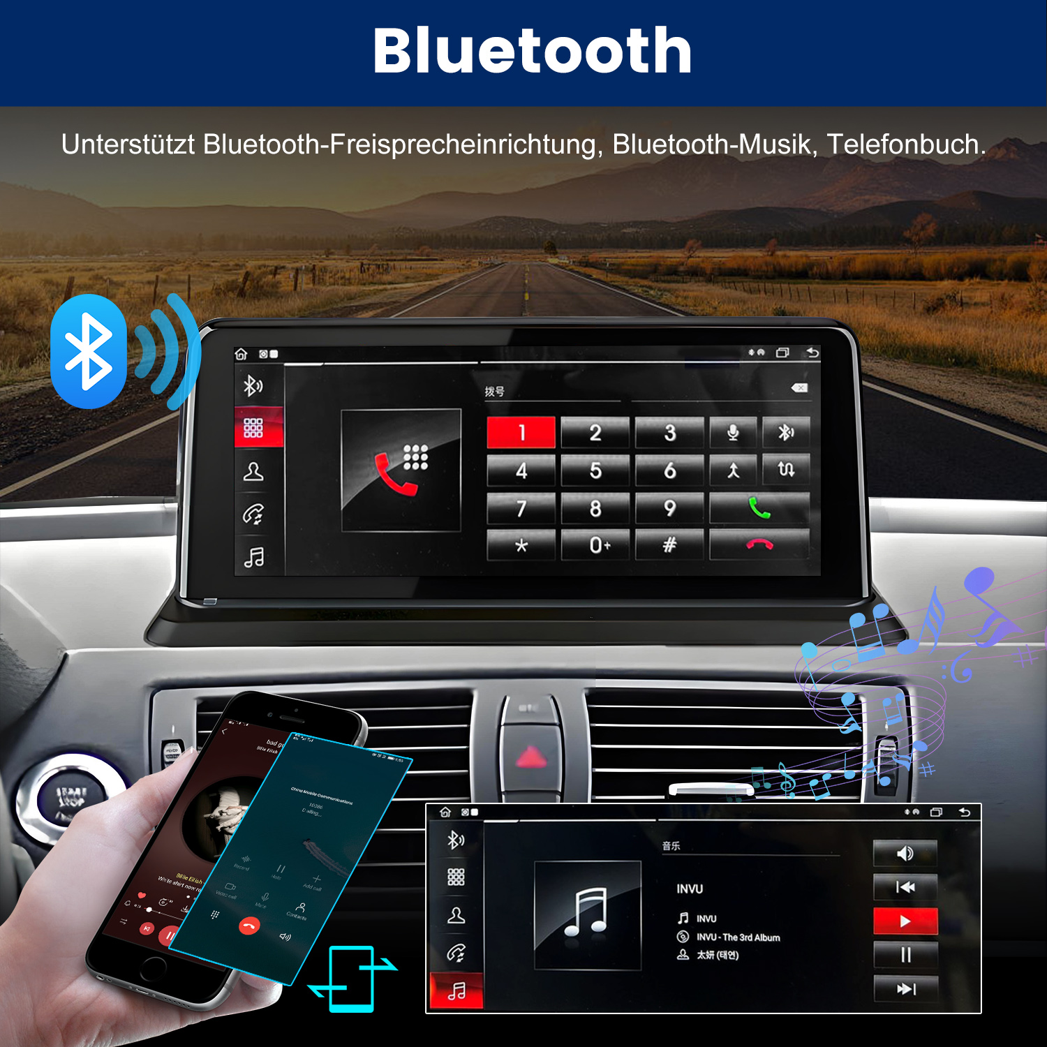 Auto-Multimedia-System-Anzeige mit Telefonschnittstelle und Telefon-Mirroring auf dem Bildschirm, Musik und Telefon zeigend.