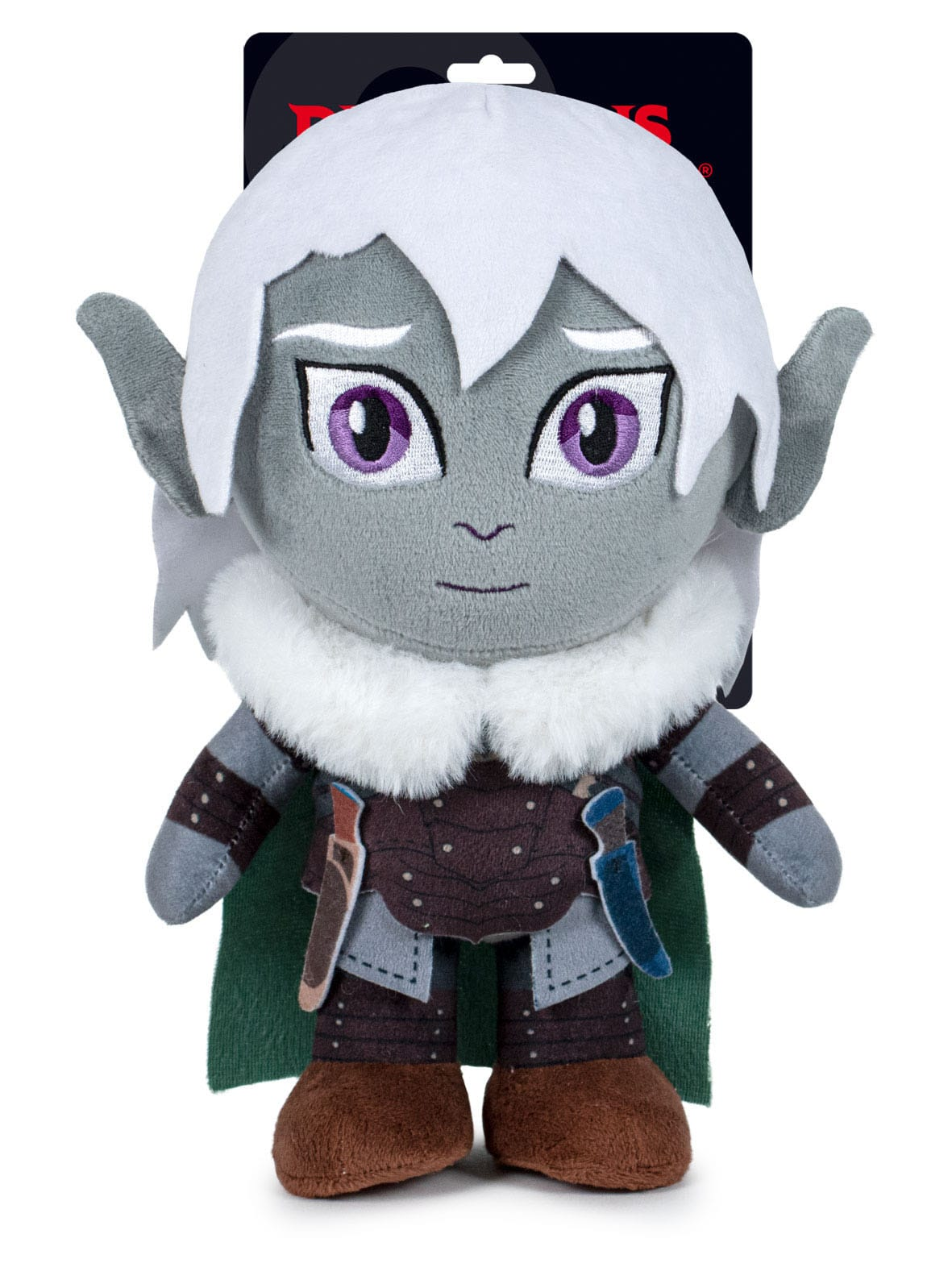 Ein Stofftier-Elf mit grauer Haut, weißem Haar und lila Augen, der eine Rüstung und einen grünen Umhang trägt.