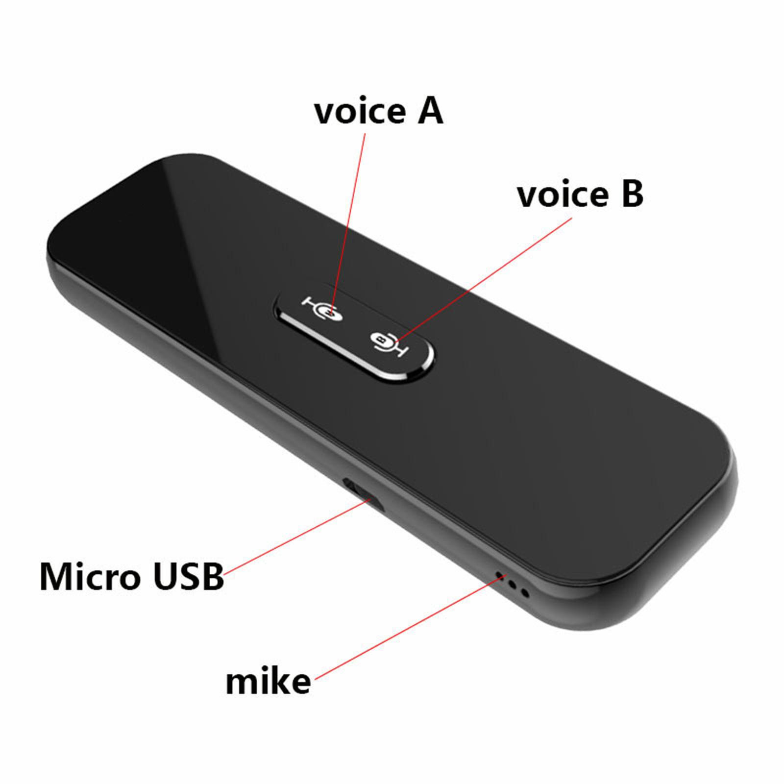 Schwarzes Gerät mit Etiketten: Micro-USB, Stimme A, Stimme B und Mikrofon. Es ist rechteckig mit Tasten.