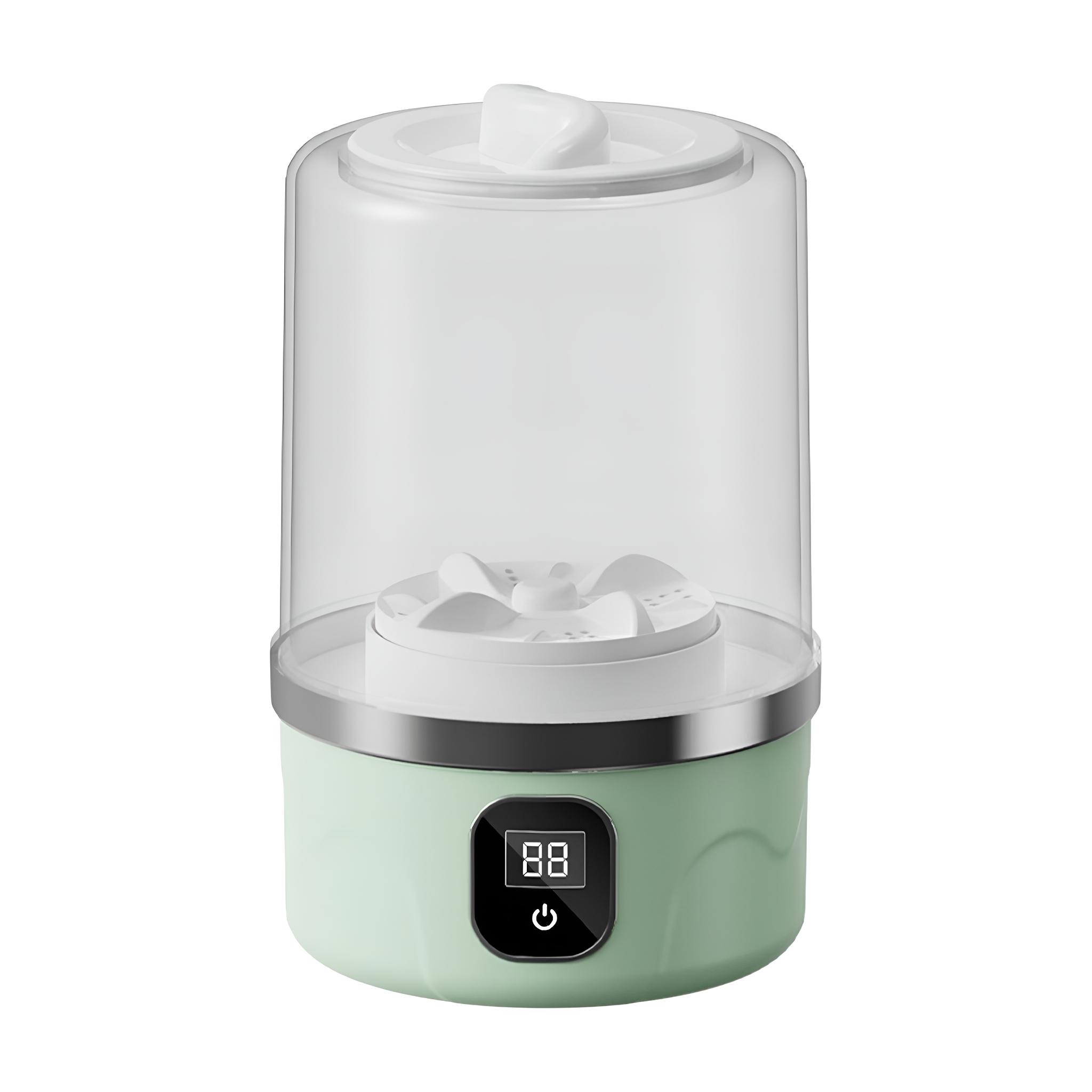 Ein hellgrüner und weißer Babyflaschensterilisator mit durchsichtigem Deckel und digitaler Anzeige mit „88“.
