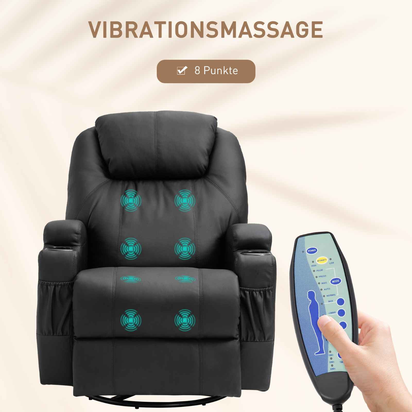 Schwarzer Sessel mit Fernbedienung. Der Stuhl hat Massagepunkte. Die Fernbedienung hat Tasten für Strom, Intensität und andere Funktionen.
