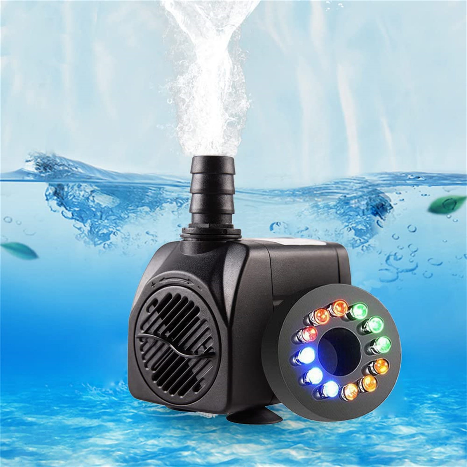 Eine schwarze Tauchwasserpumpe mit kreisförmiger LED-Lichtanordnung. Wasser strömt nach oben aus der Pumpe, vor blauem Hintergrund.