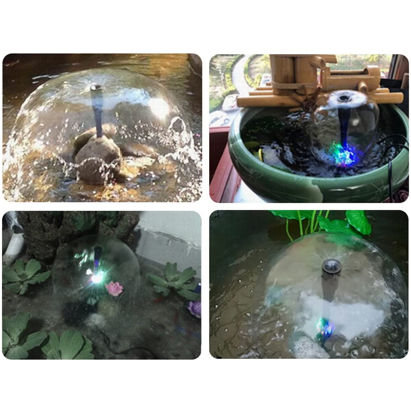 Vier Bilder von Springbrunnen. Wasserstrahlen und -sprays werden gezeigt. Die Brunnen befinden sich in verschiedenen Umgebungen, einige mit Lichtern.