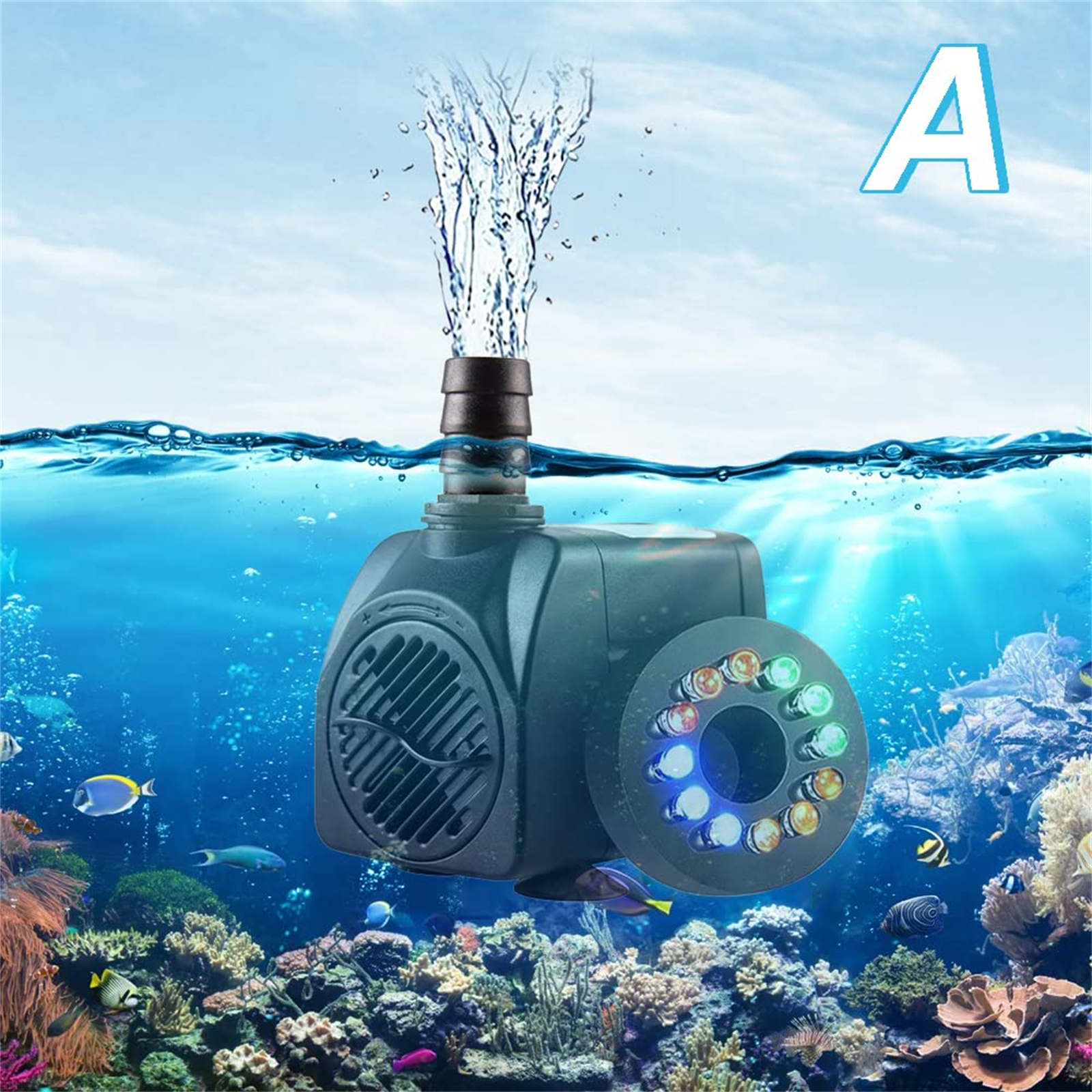 Eine Unterwasserpumpe mit einem Wasserausguss, umgeben von Blasen und bunten Fischen in einer Korallenriffumgebung.
