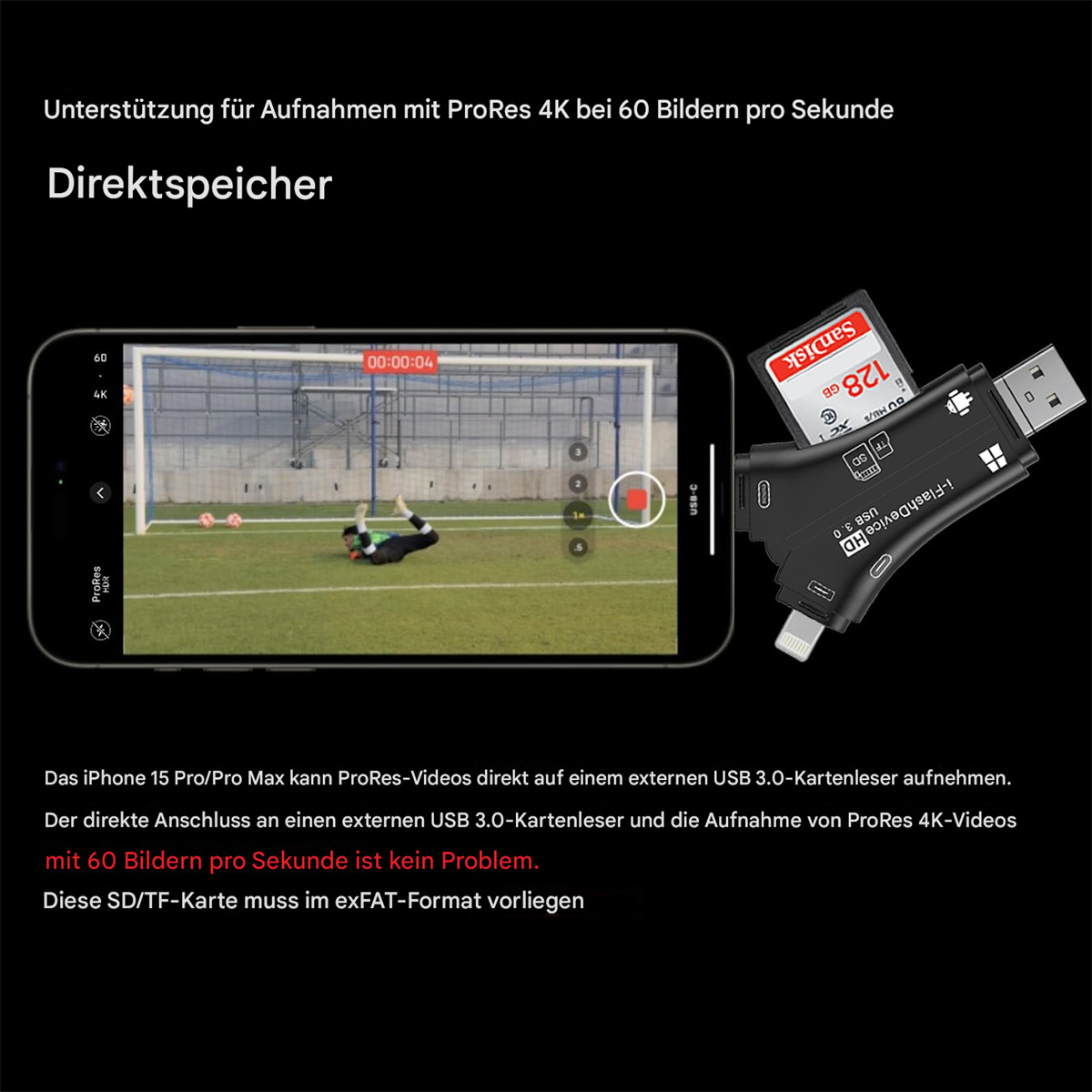 Ein Telefon, das eine Fußballspielaufnahme mit einem SD-Kartenleser und einer angeschlossenen SD-Karte zeigt.