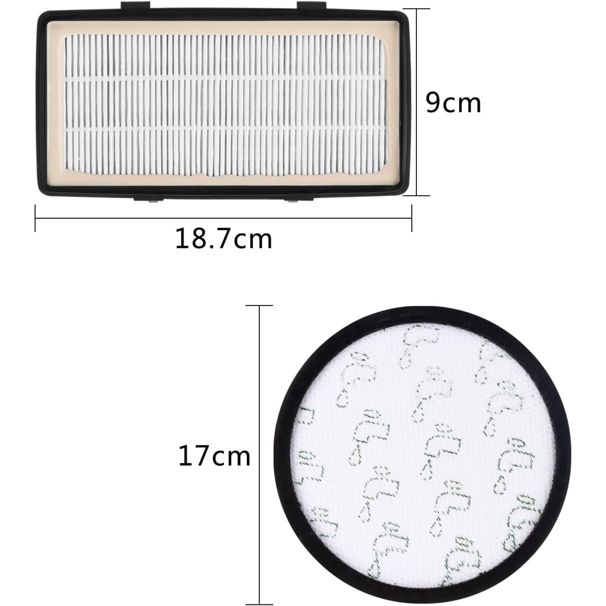Zwei Filter eines Staubsaugers mit Abmessungen. Der runde 17 cm, der rechteckige 18,7 cm x 9 cm.